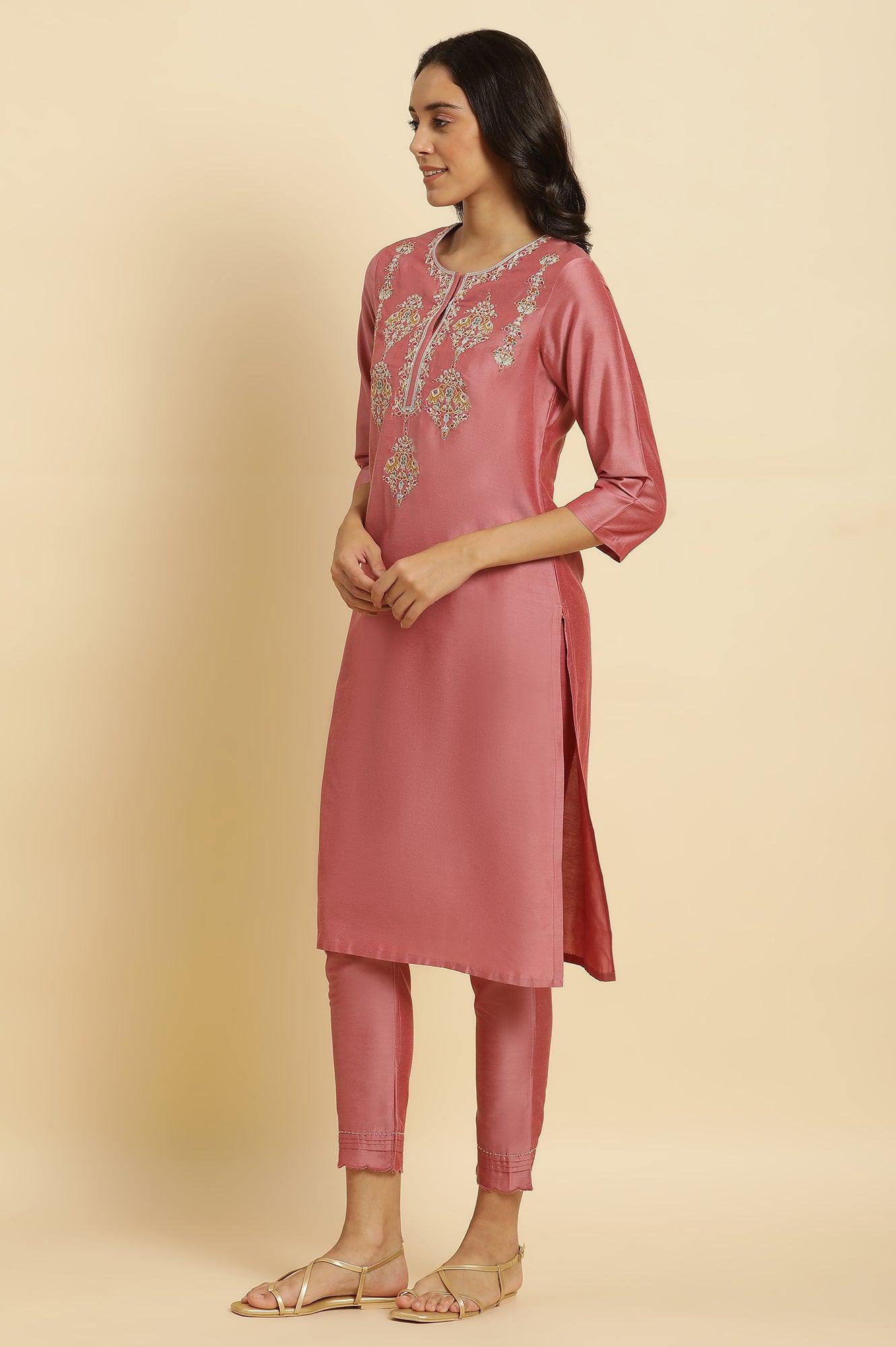 Pink Embroidered Relaxed Fit Kurta - wforwoman