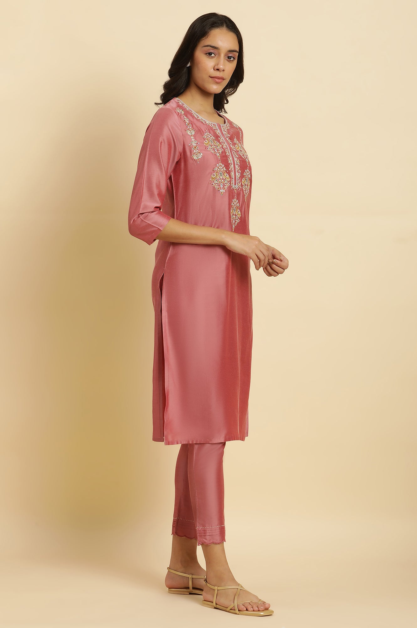 Pink Embroidered Relaxed Fit Kurta - wforwoman