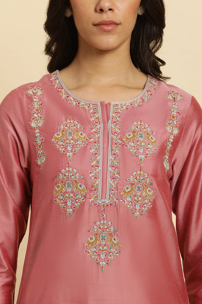 Pink Embroidered Relaxed Fit Kurta - wforwoman