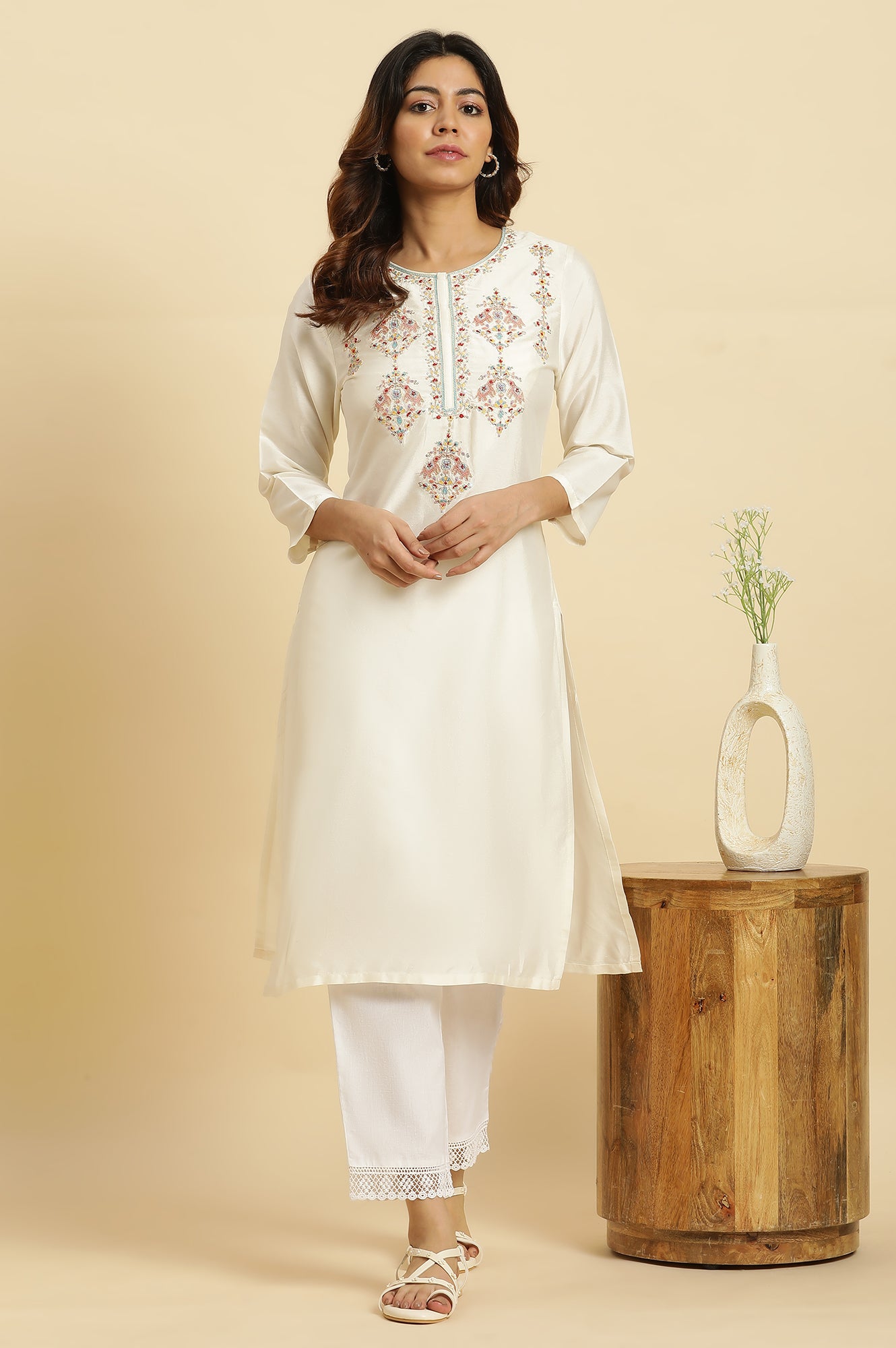 White Dori Embroidered Festive Kurta - wforwoman