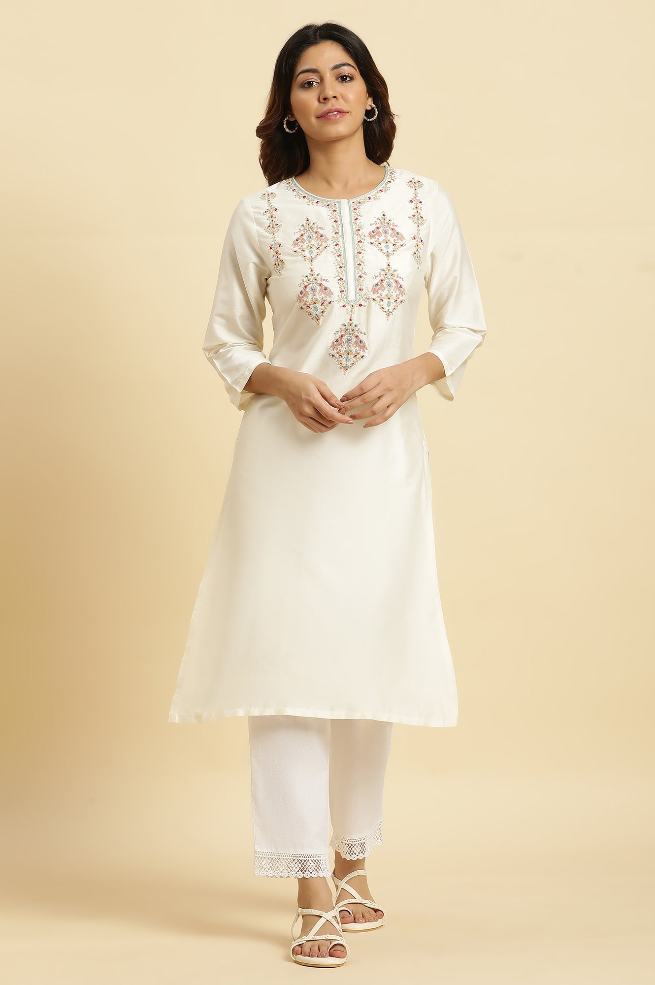 White Dori Embroidered Festive Kurta - wforwoman