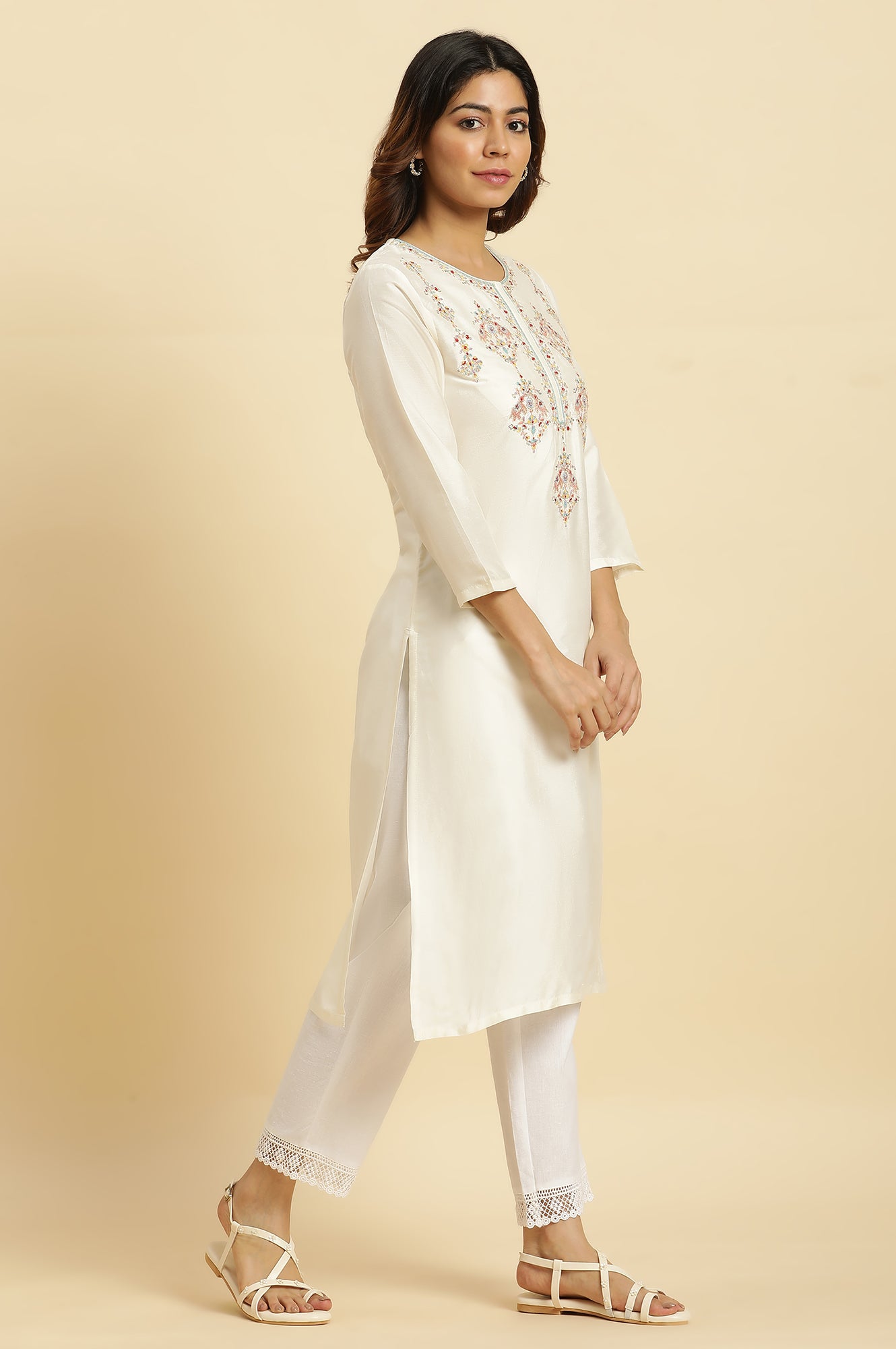 White Dori Embroidered Festive Kurta - wforwoman