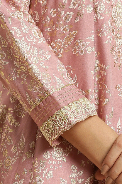 Pink Floral Foil Printed Flared Kurta - wforwoman