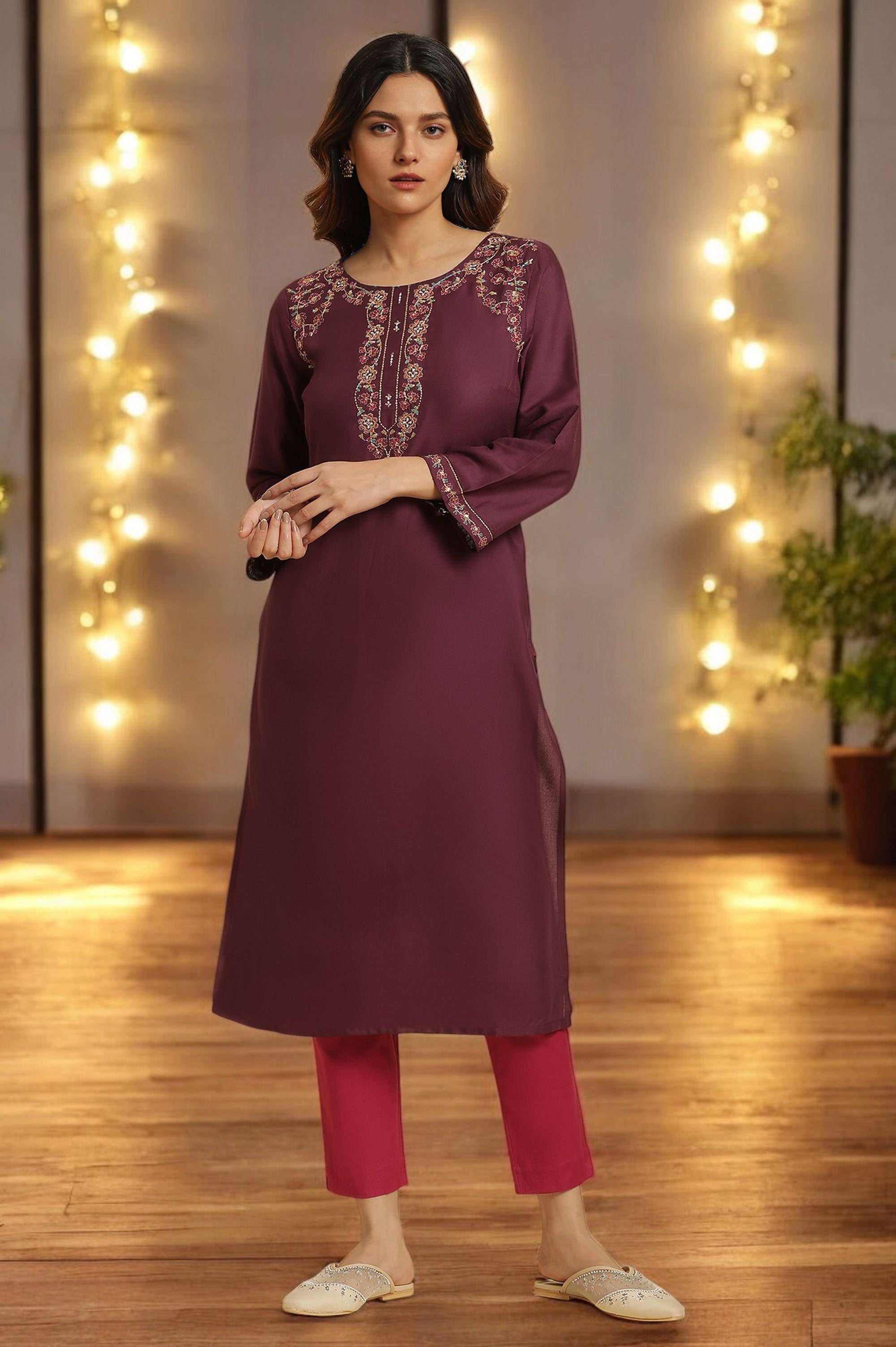 Purple Zari Embroidered Rayon Straight festive Kurta