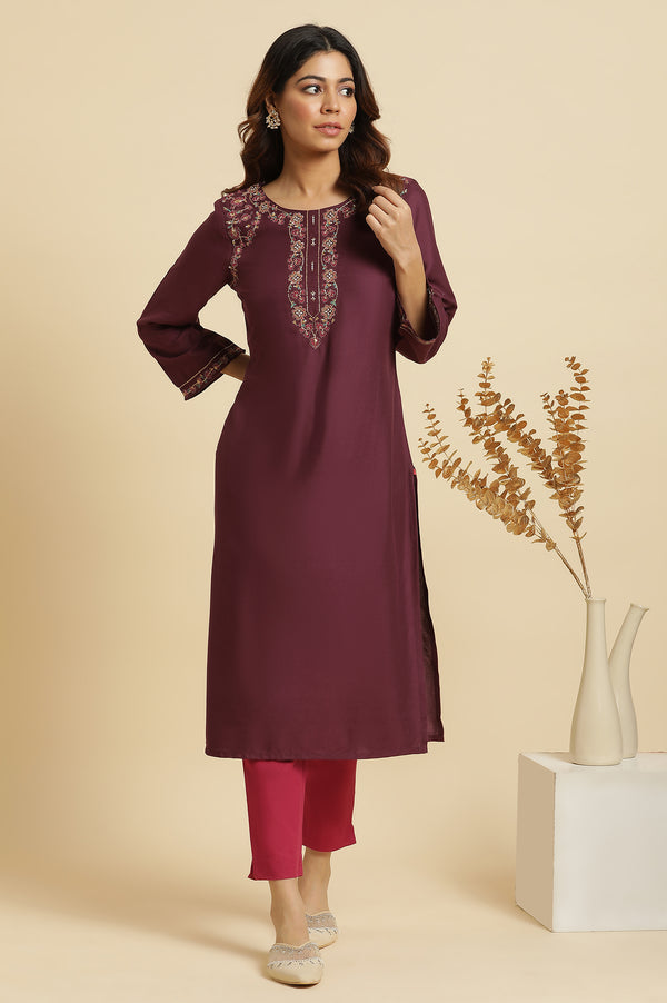 Purple Zari Embroidered Rayon Straight festive Kurta