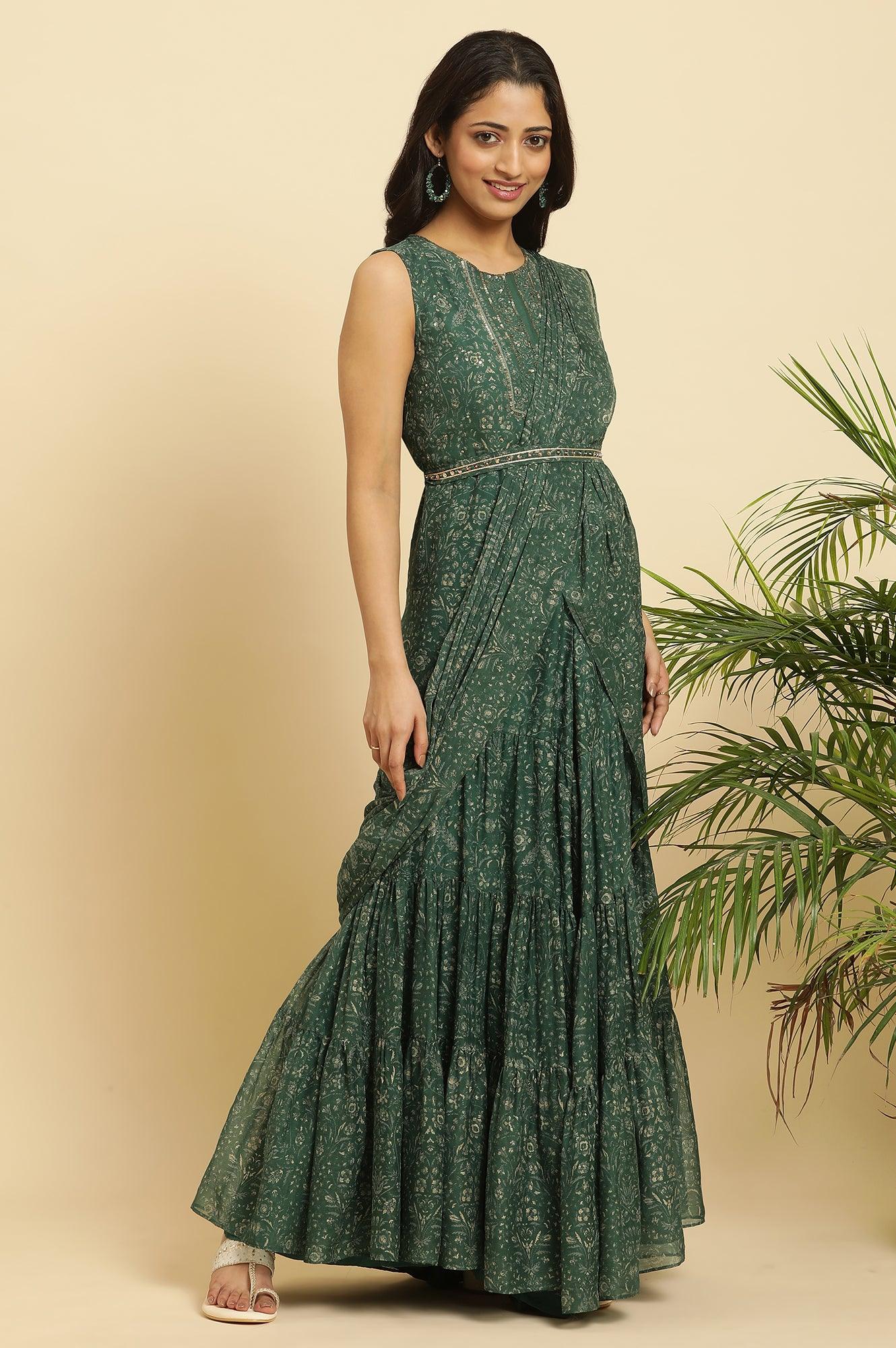Green Foil Printed Chiffon Sharara Saree Dress - wforwoman