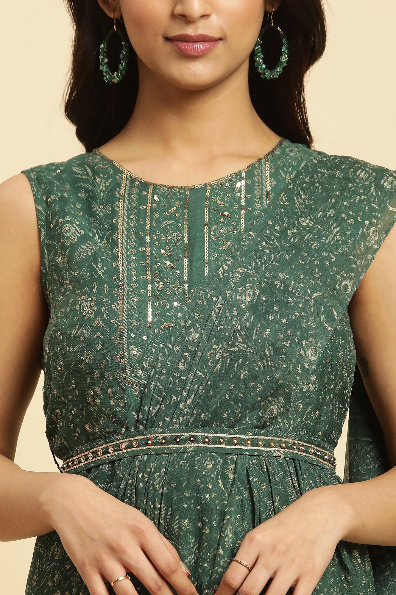 Green Foil Printed Chiffon Sharara Saree Dress - wforwoman