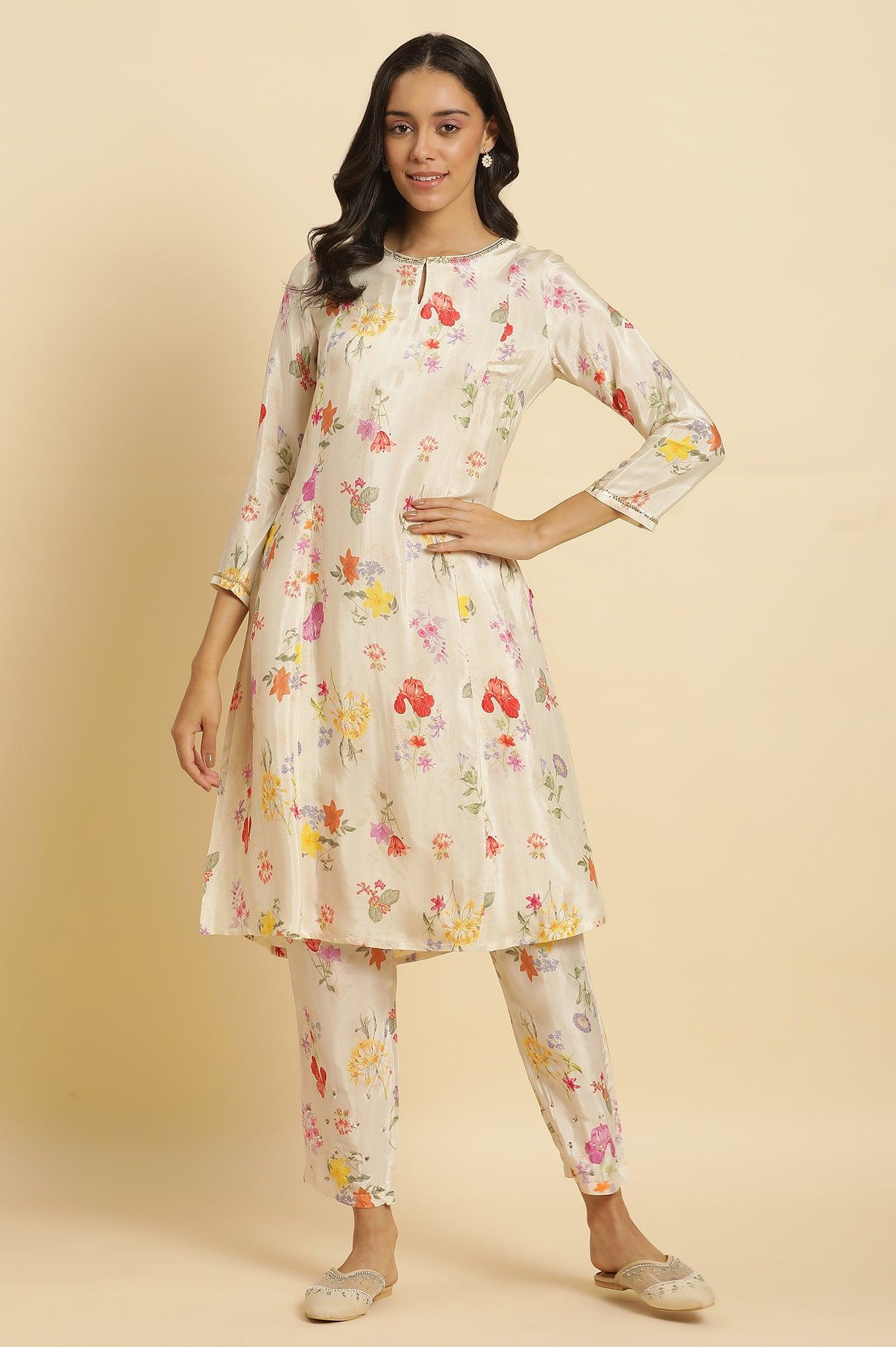 Cream Shantung A-Line Kurta In Multi-Coloured Floral Print - wforwoman