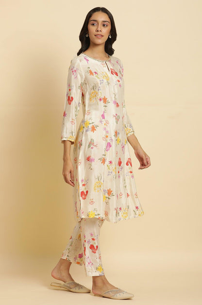 Cream Shantung A-Line Kurta In Multi-Coloured Floral Print - wforwoman