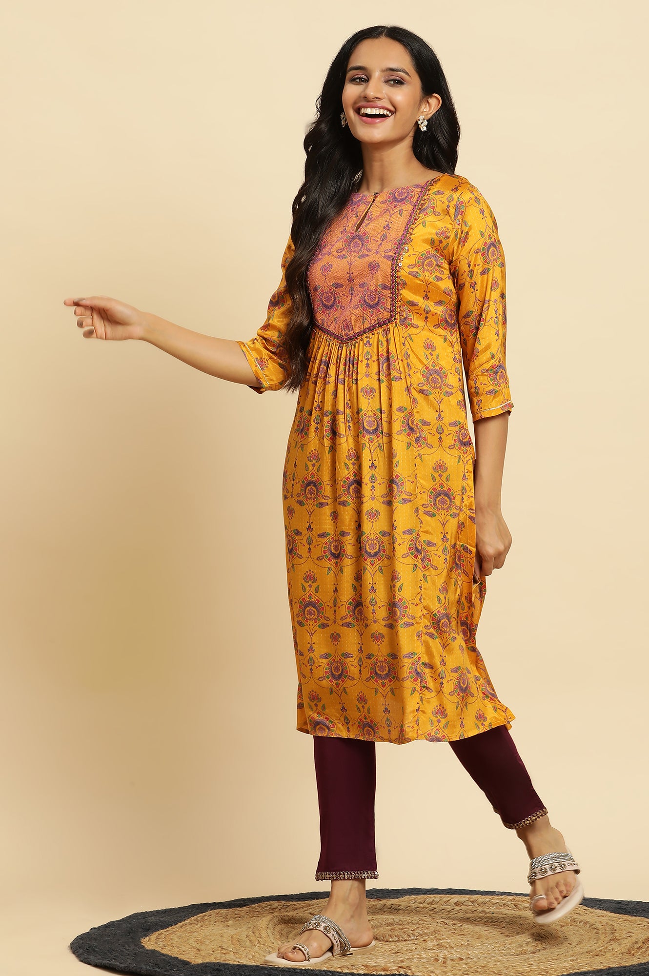 Yellow Shantung Kurta with Chunky Embellishment - wforwoman