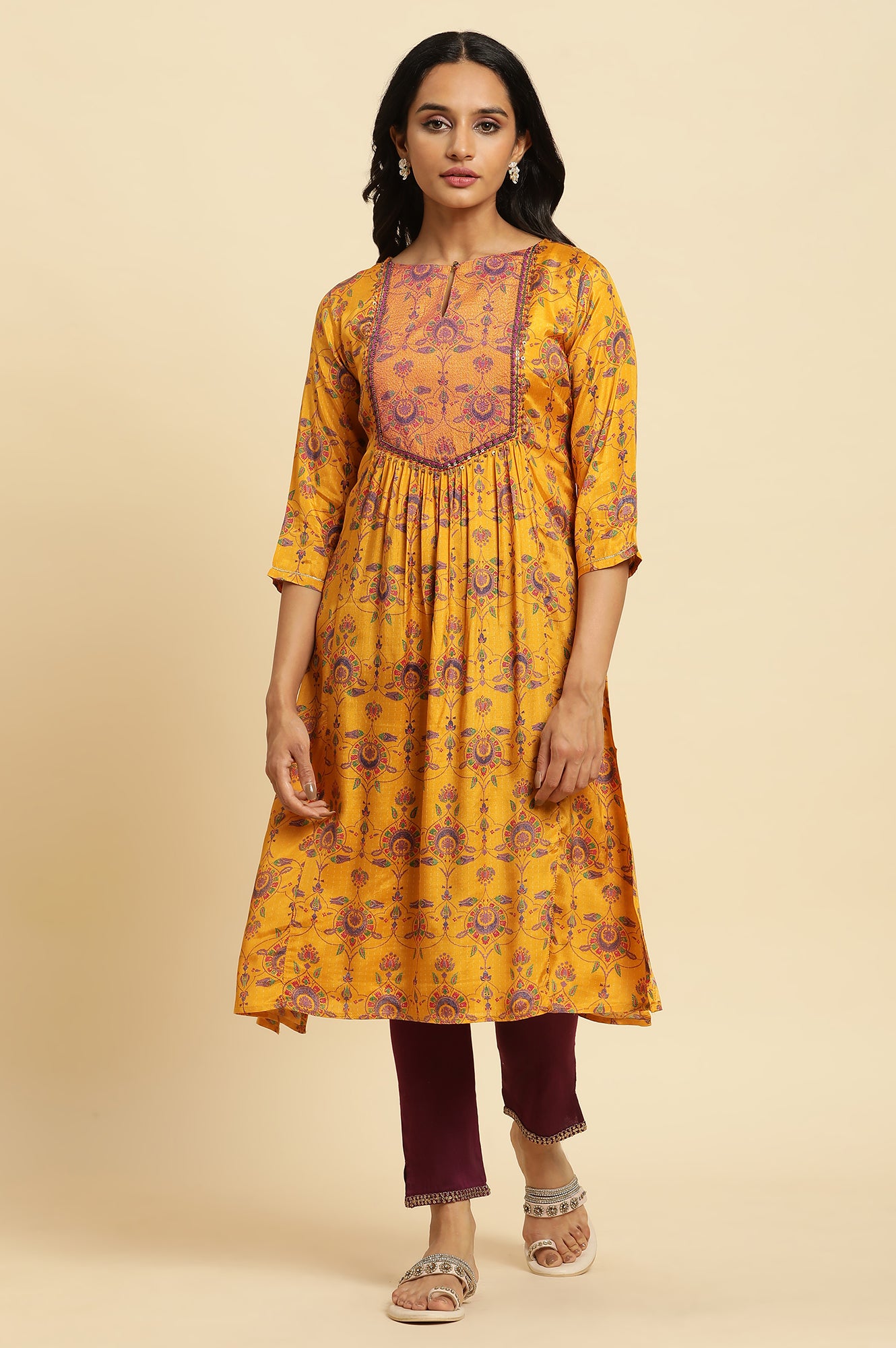 Yellow Shantung Kurta with Chunky Embellishment - wforwoman