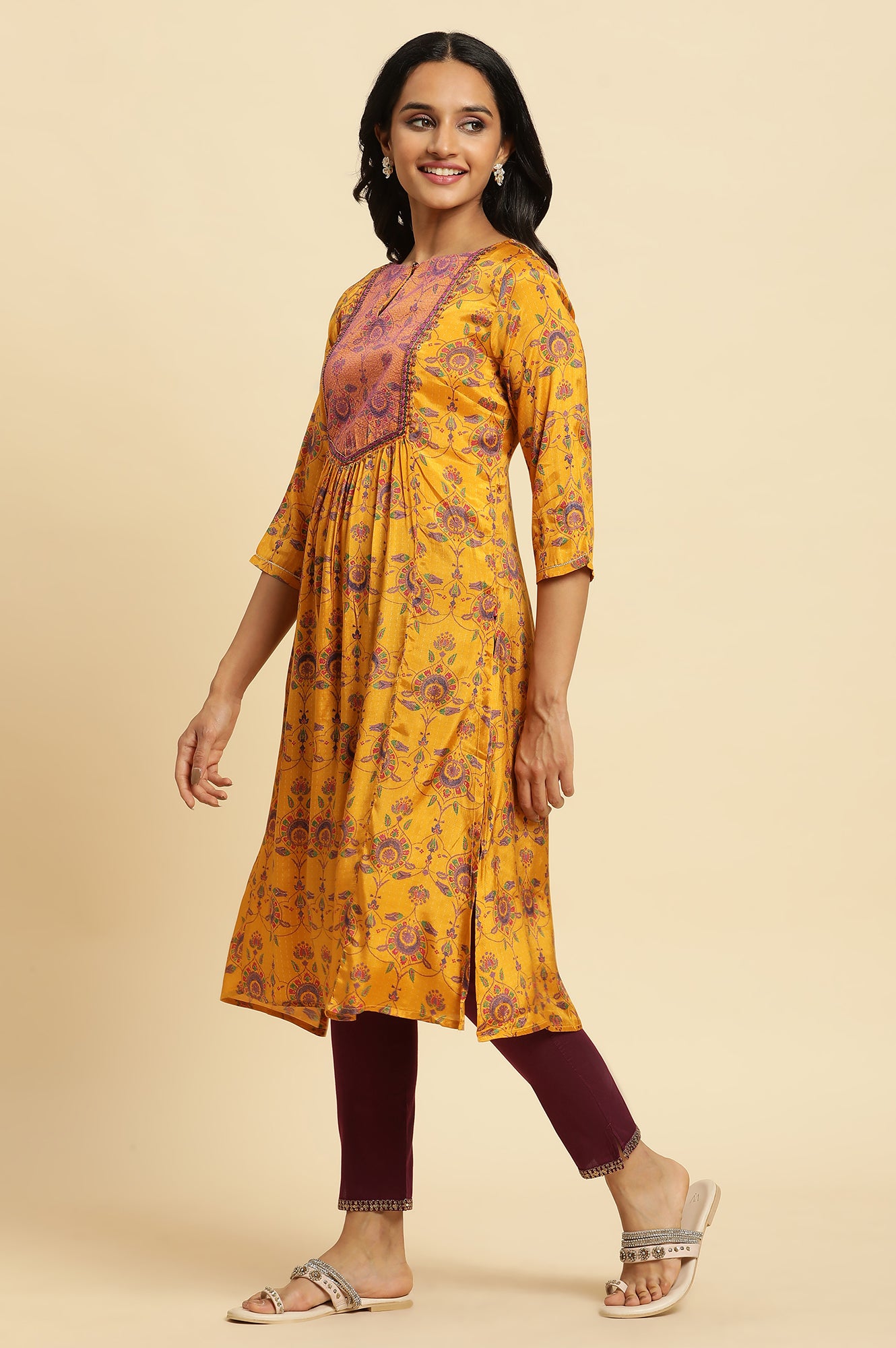 Yellow Shantung Kurta with Chunky Embellishment - wforwoman