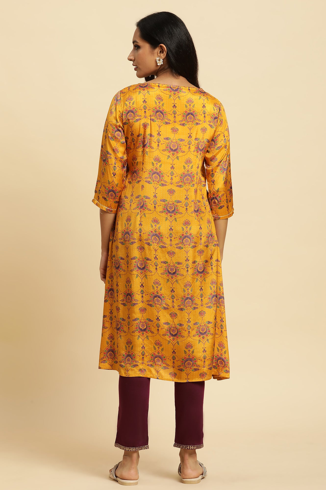 Yellow Shantung Kurta with Chunky Embellishment - wforwoman