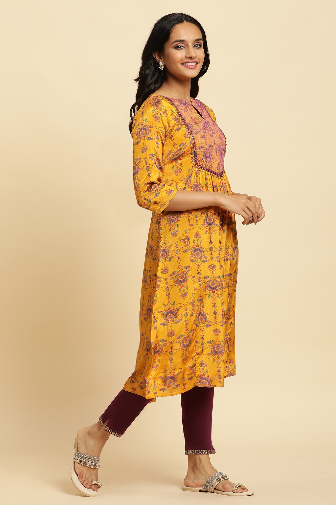 Yellow Shantung Kurta with Chunky Embellishment - wforwoman