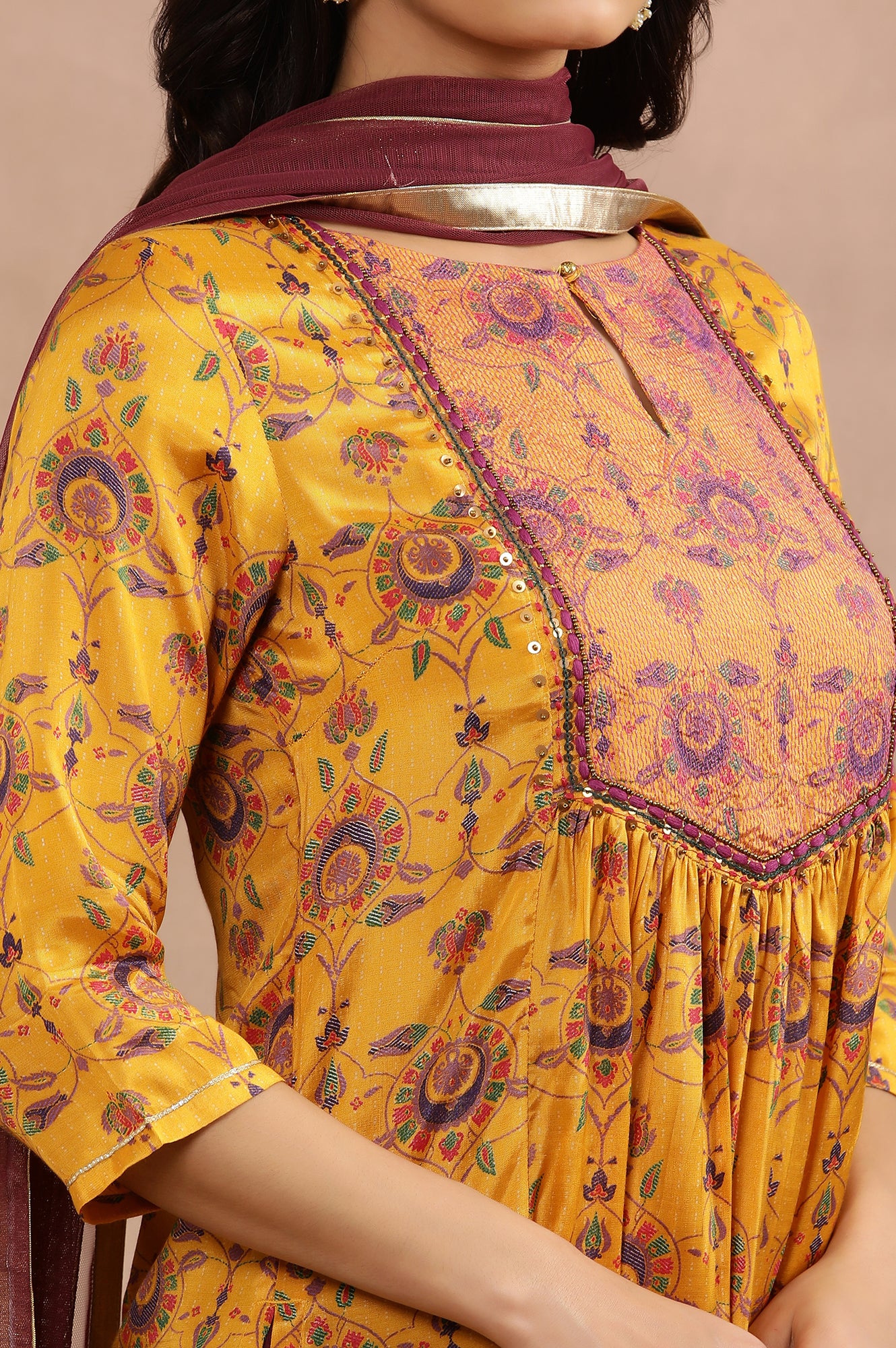 Yellow Printed Shantung Kurta, Pants And Dupatta Set