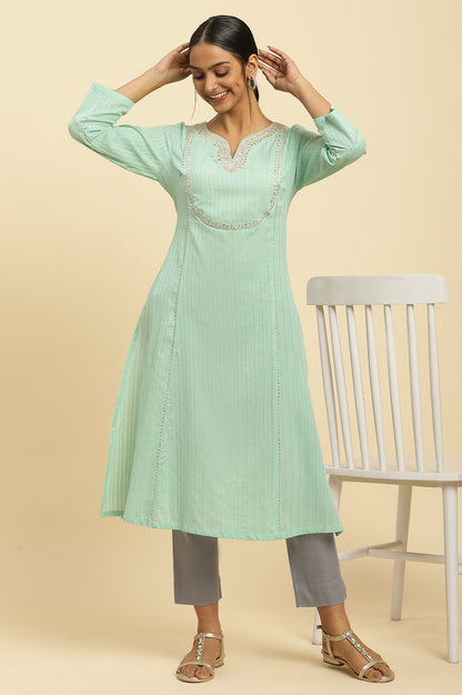 Mint Blue Embroidered Heavy Festive Kurta - wforwoman