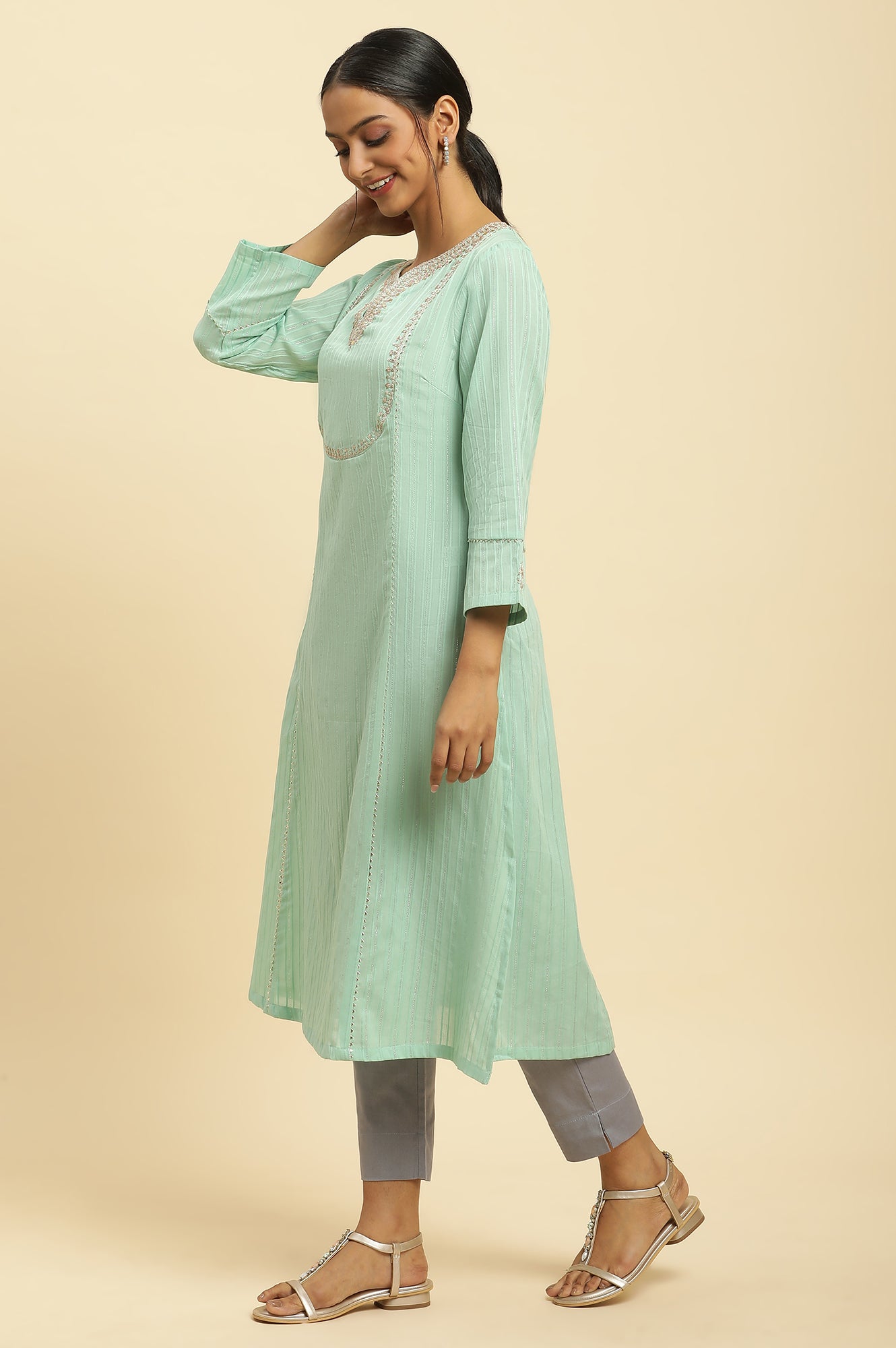 Mint Blue Embroidered Heavy Festive Kurta - wforwoman