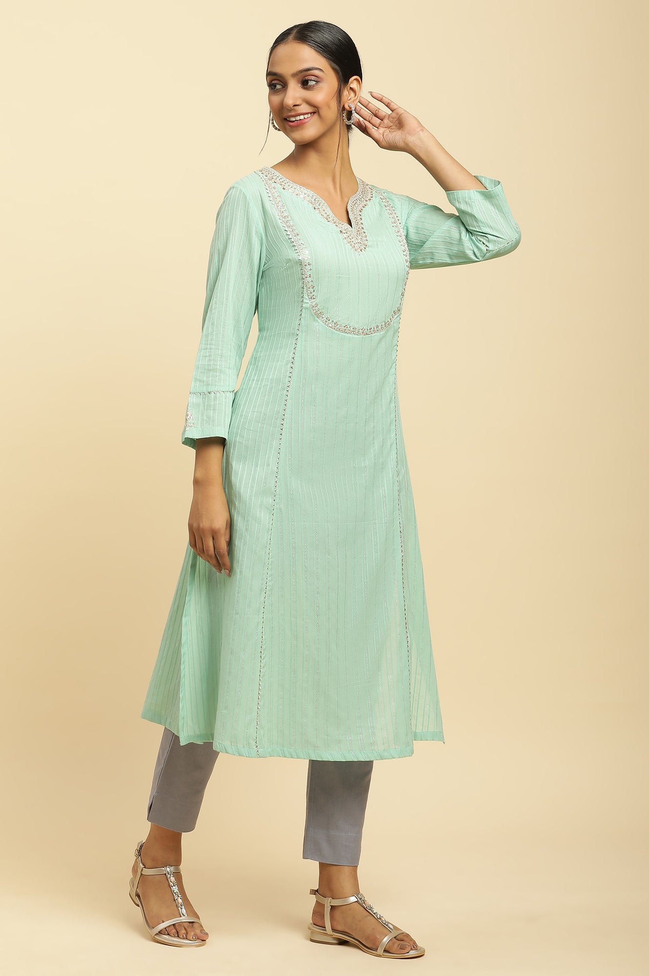 Mint Blue Embroidered Heavy Festive Kurta - wforwoman