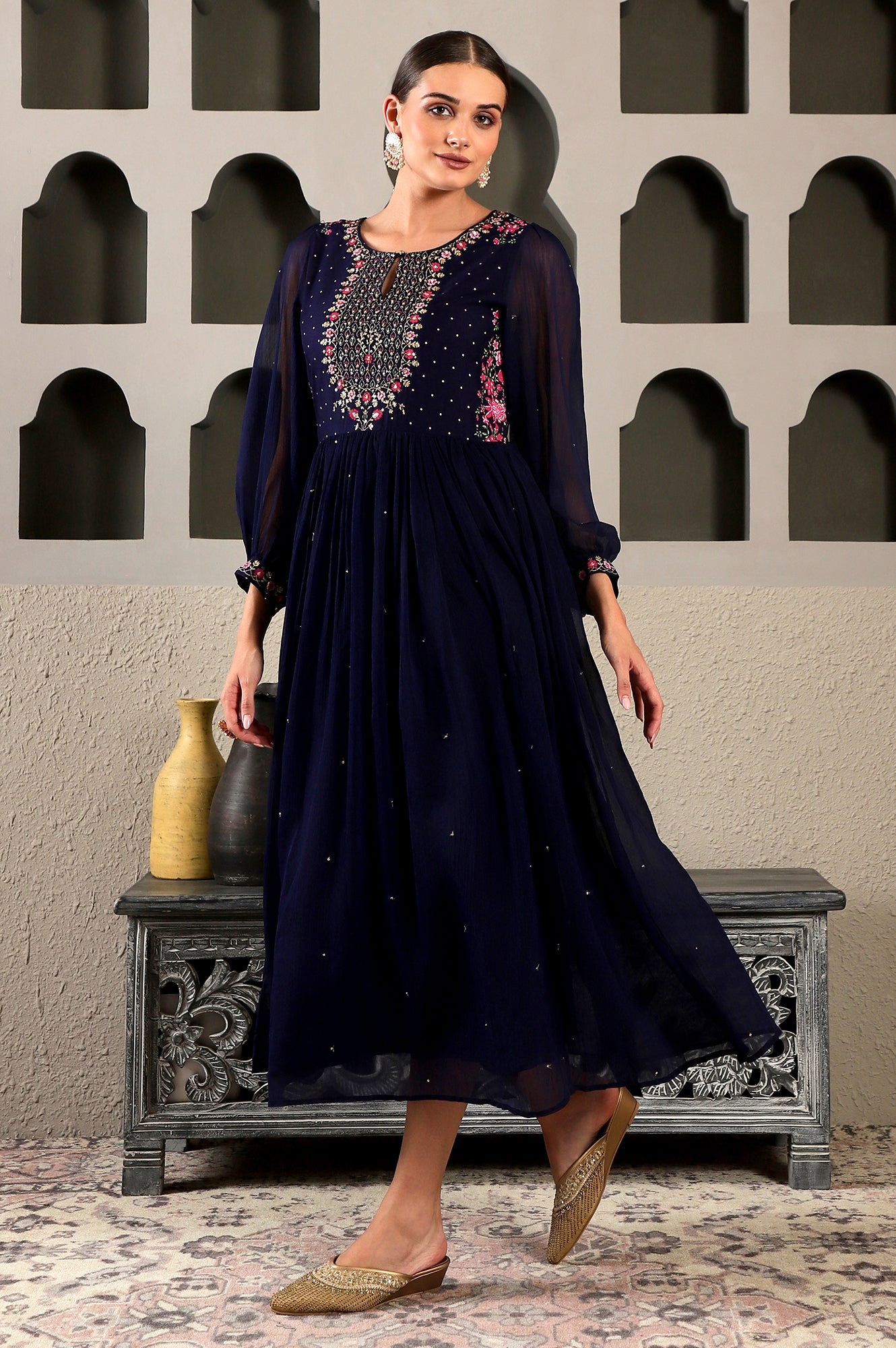 Navy Blue Solid Embroidered Yoke Chiffon Gathered Dress