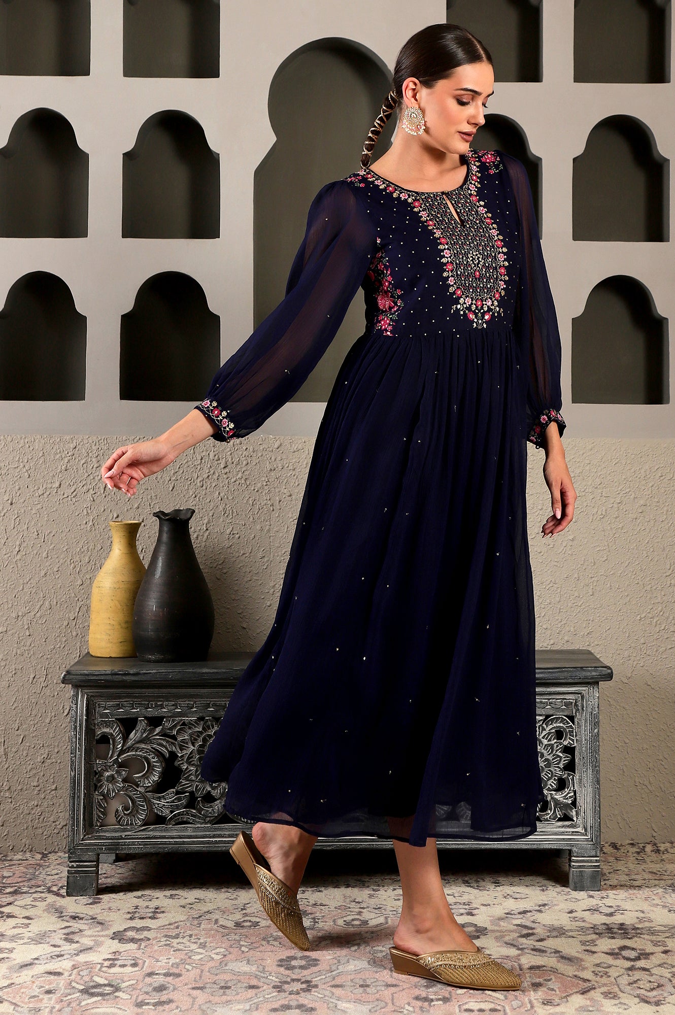Navy Blue Chiffon Gathered Dress with Embroidered Yoke – wforwoman