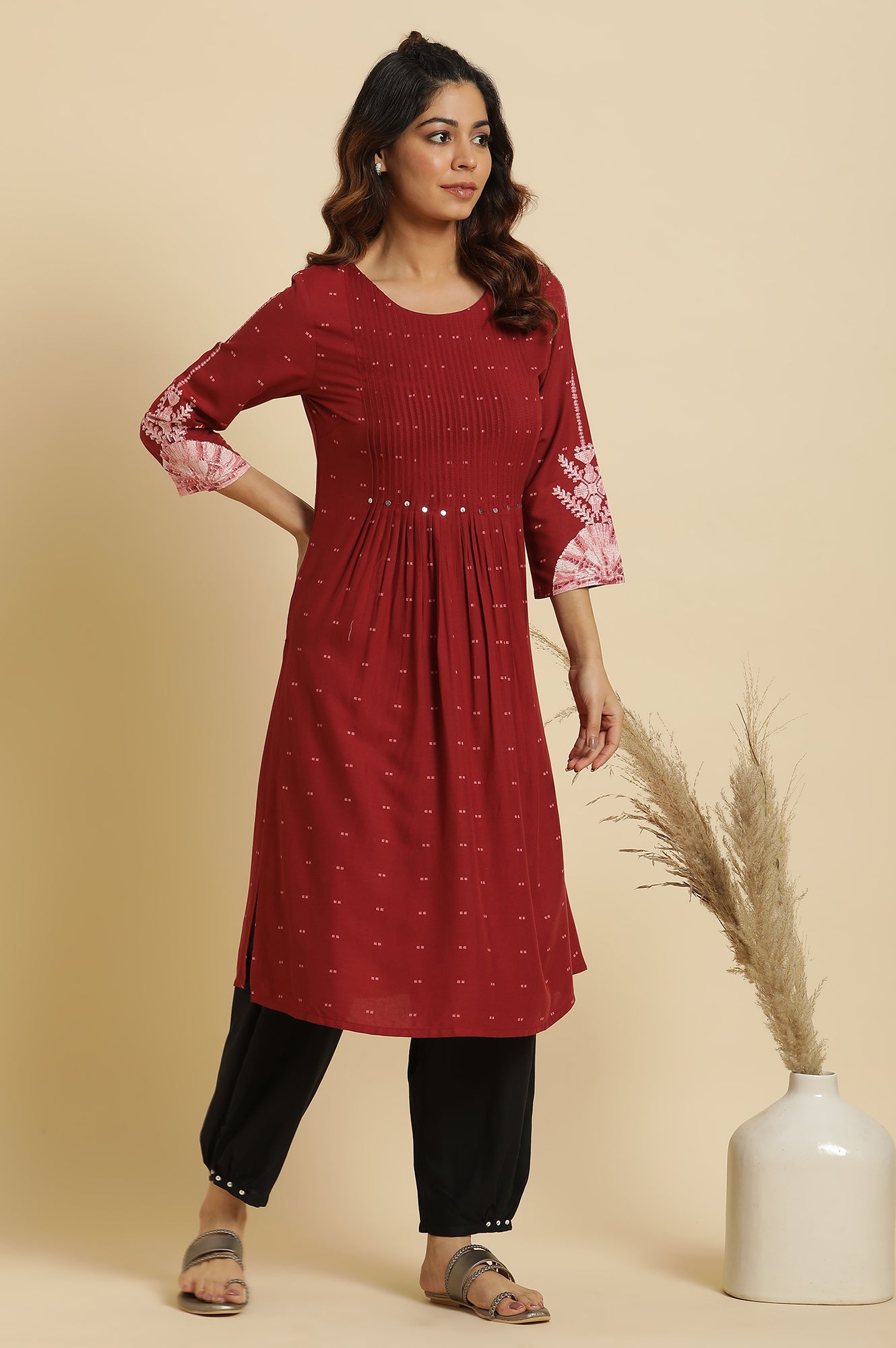 Maroon Flared Kurta With Bandani &amp; Tie-Dye Detail