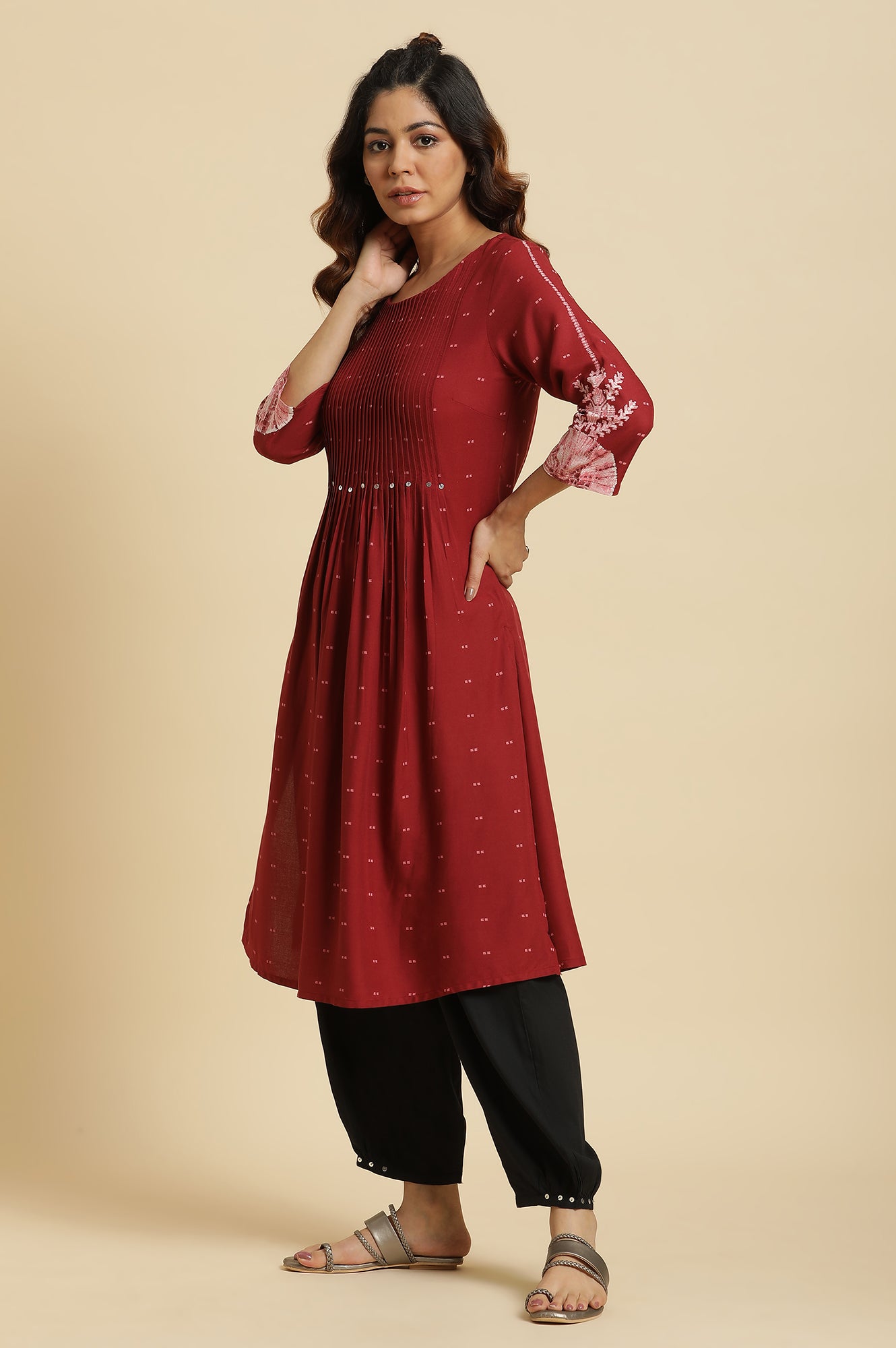 Maroon Flared Kurta With Bandani &amp; Tie-Dye Detail