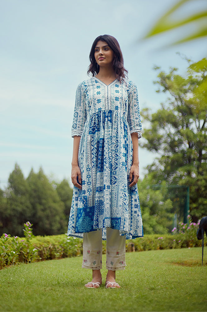 Ecru Flared Kurta With Blue Geometric Print