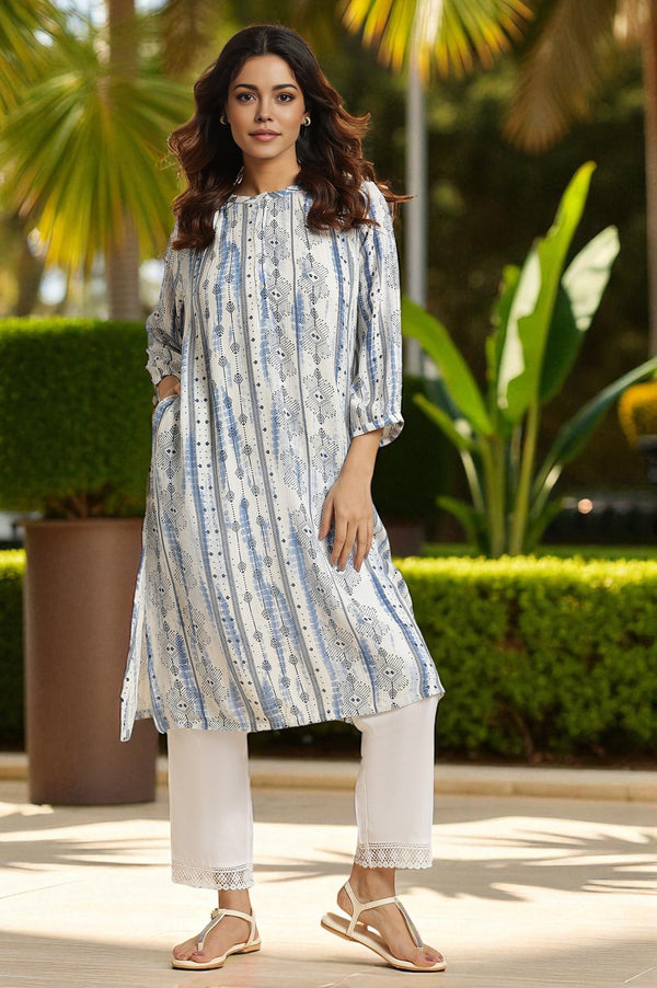 White and Blue Abstract Printed Mandarin Collar Straight Kurta