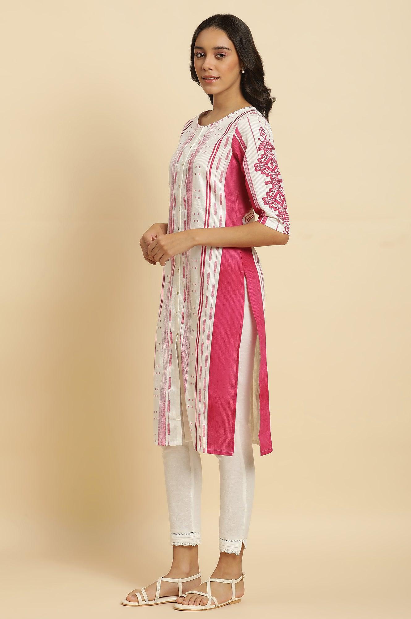 Pink &amp; White Kantha Printed Kurta - wforwoman