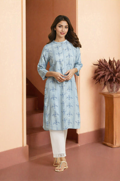 Blue Geometric Printed Rayon Straight Shirt Kurta