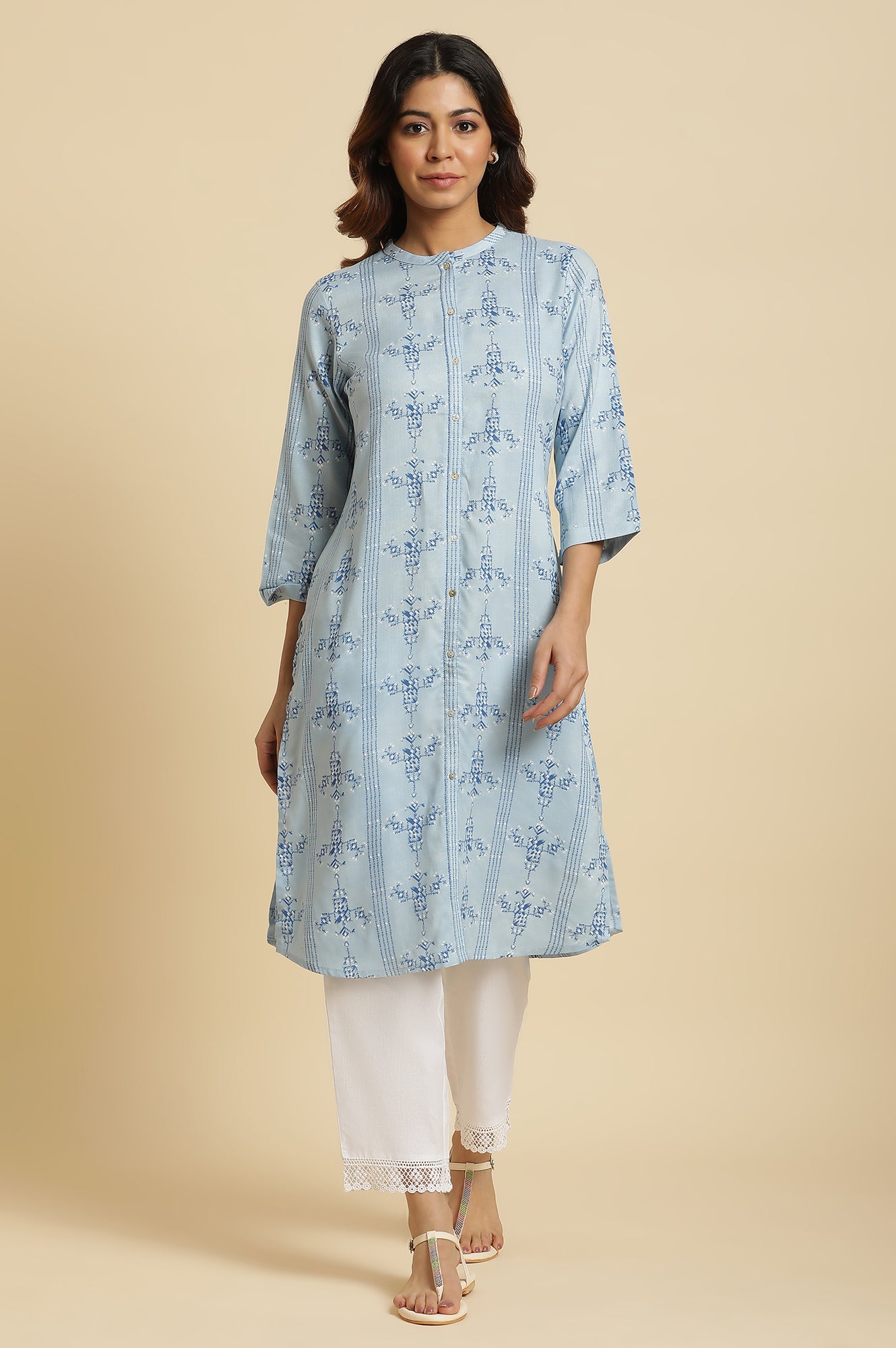 Blue Geometric Printed Shirt Kurta - wforwoman