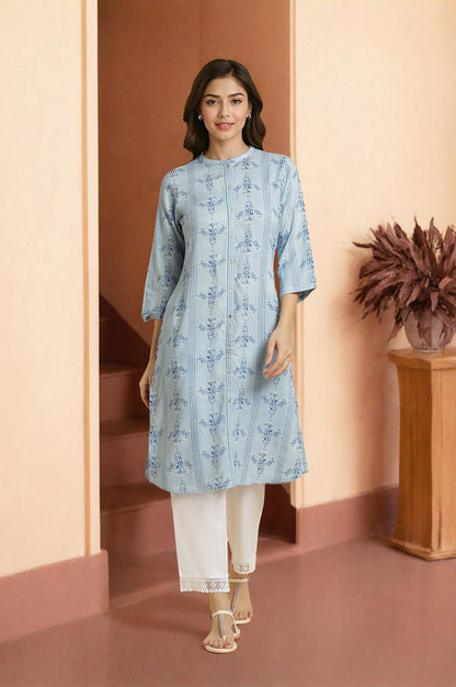 Blue Geometric Printed Rayon Straight Shirt Kurta