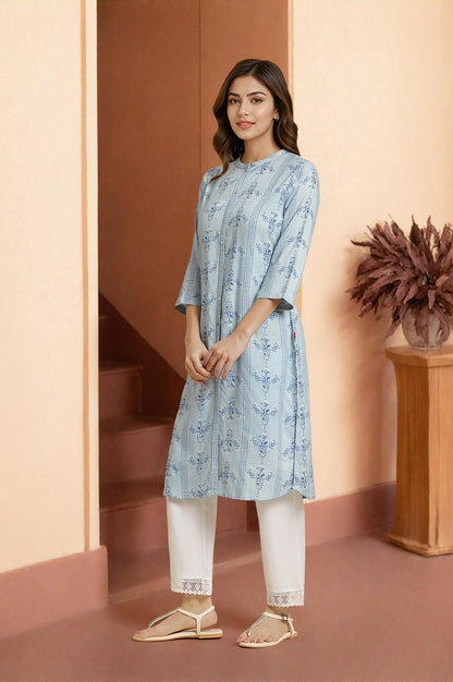 Blue Geometric Printed Rayon Straight Shirt Kurta