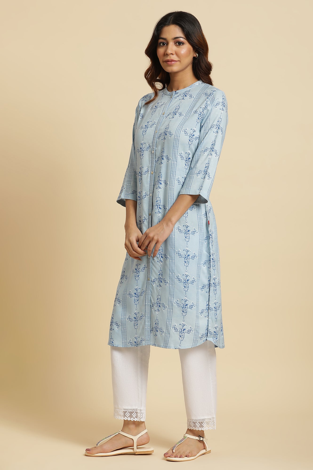 Blue Geometric Printed Shirt Kurta - wforwoman