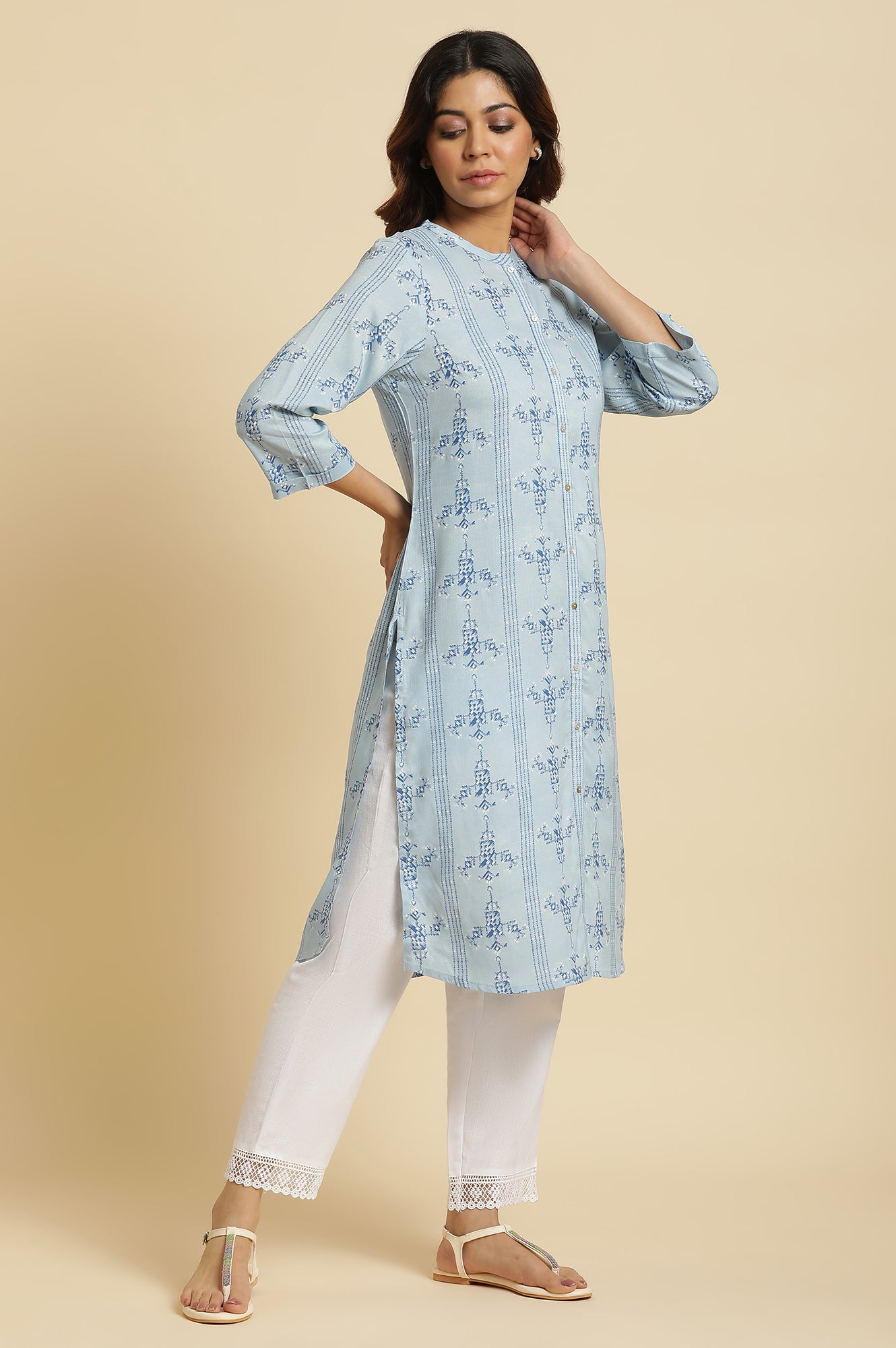 Blue Geometric Printed Shirt Kurta - wforwoman