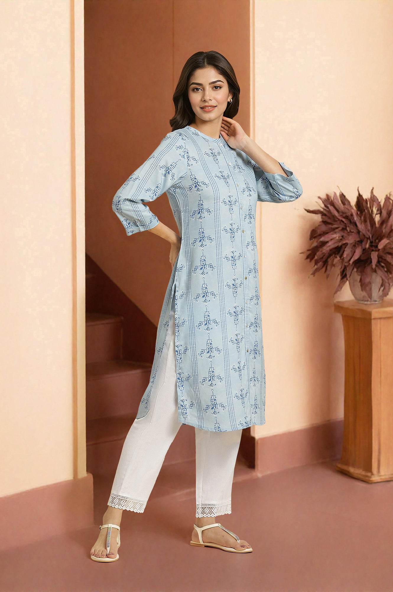 Blue Geometric Printed Rayon Straight Shirt Kurta