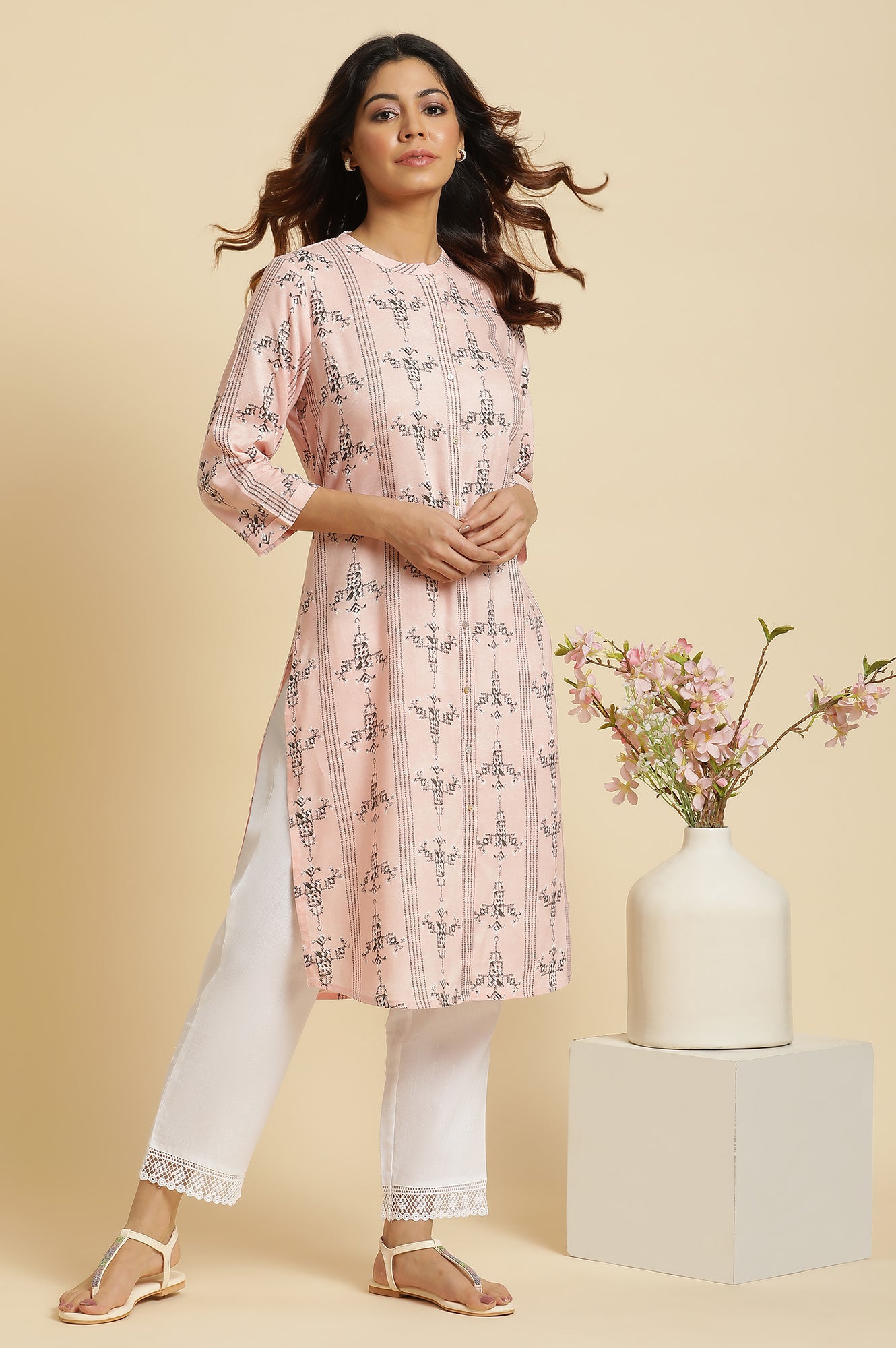 Pink Geometric Print Shirt Kurta - wforwoman