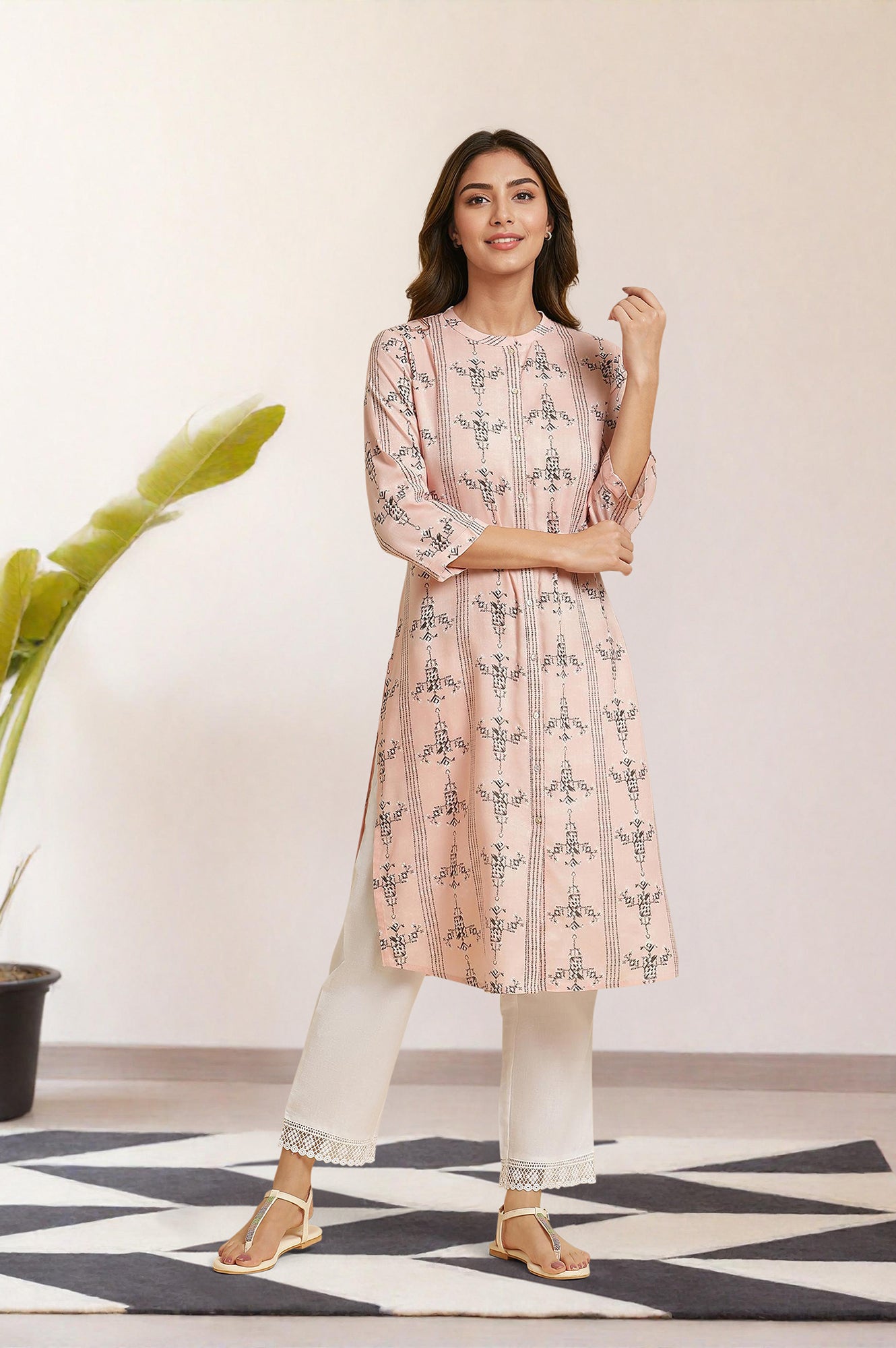 Pink Geometric Printed Rayon Straight Shirt Kurta