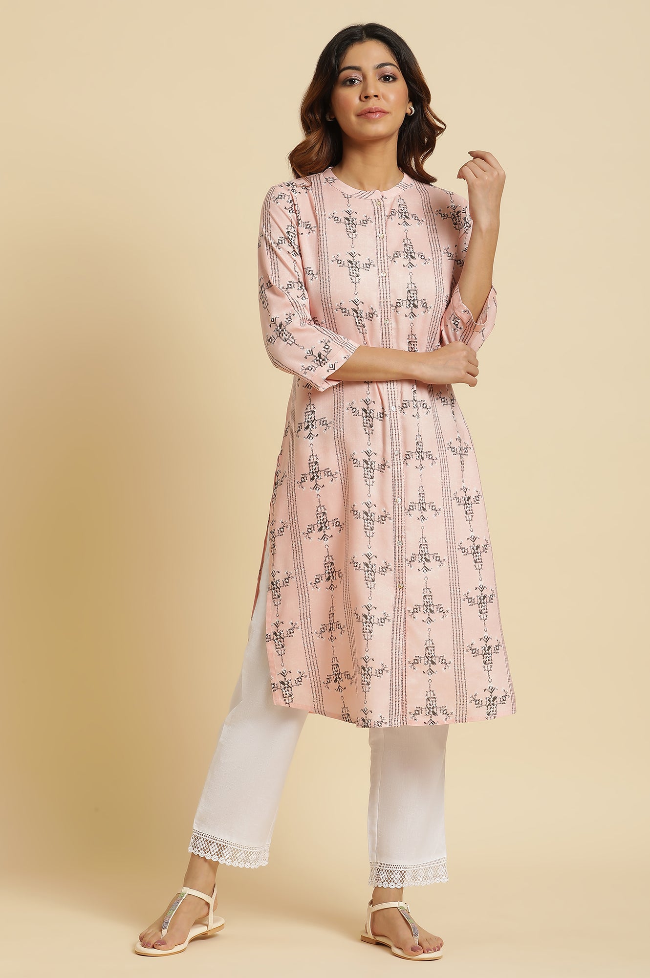 Pink Geometric Print Shirt Kurta - wforwoman