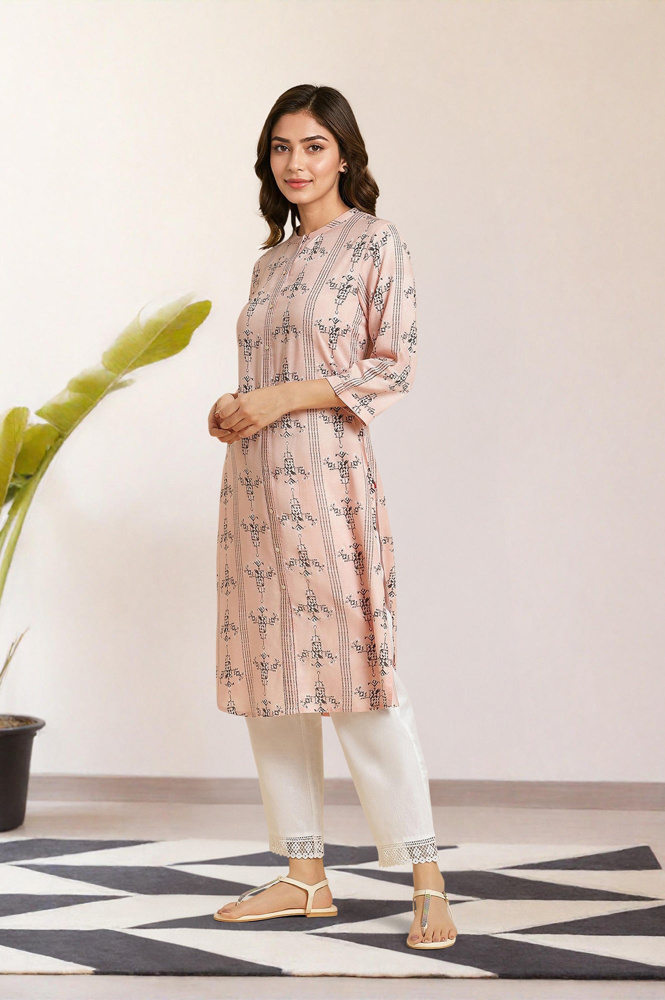 Pink Geometric Printed Rayon Straight Shirt Kurta