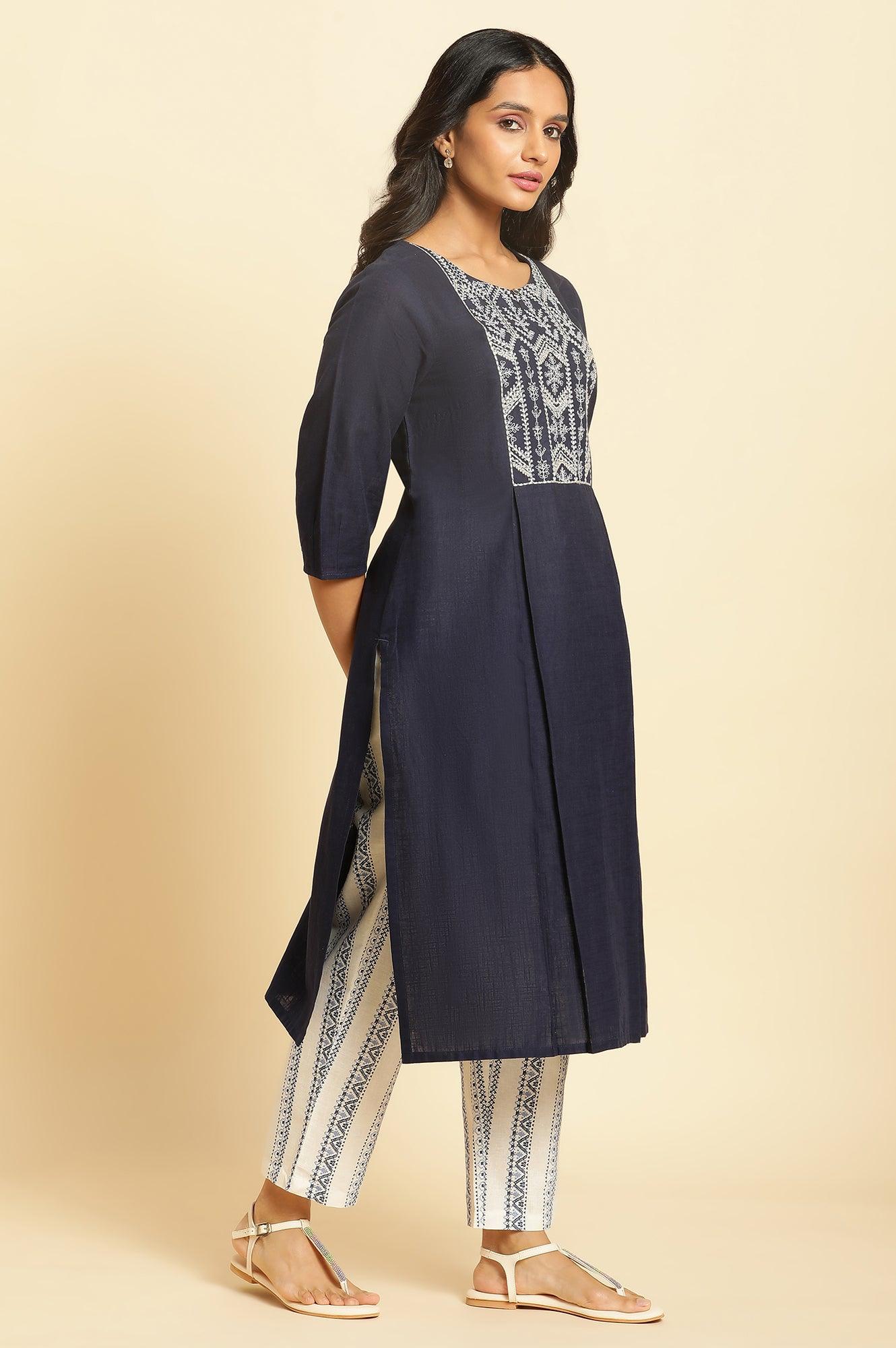 Blue Embroidered Kurta With Pleats - wforwoman