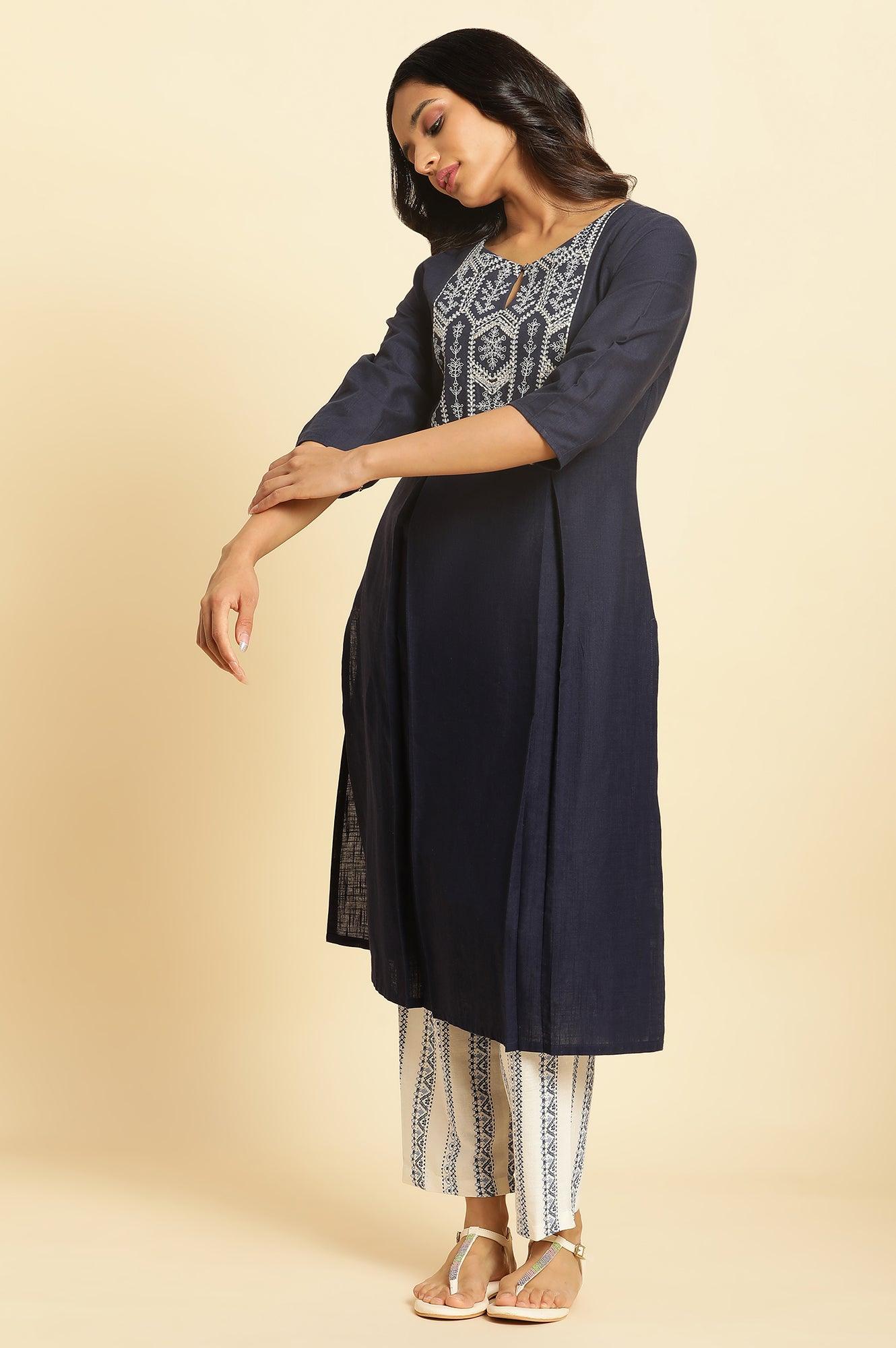 Blue Embroidered Kurta With Pleats - wforwoman