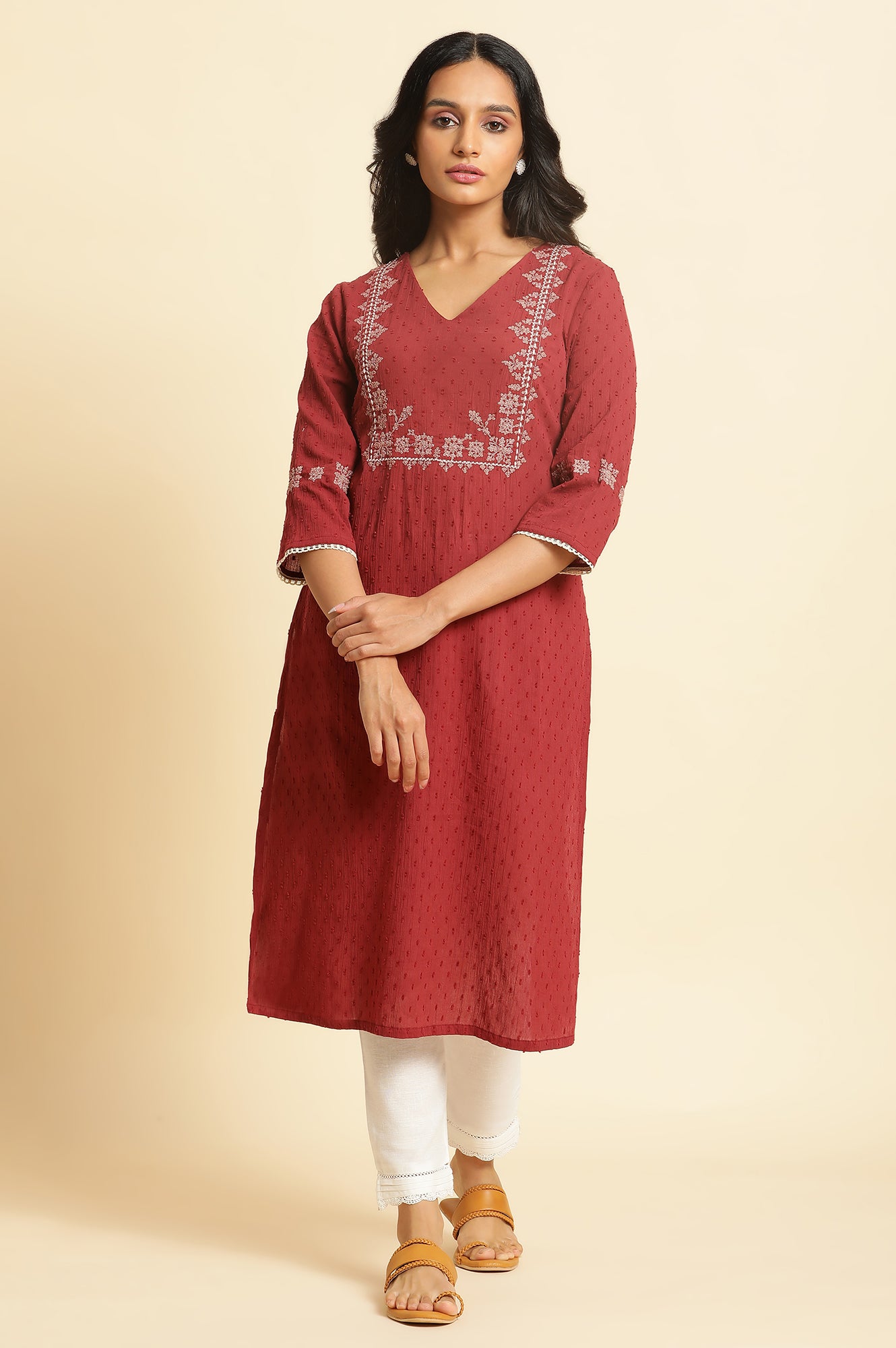 Maroon Crinkled Swiss Dot Kurta with Embroidery - wforwoman