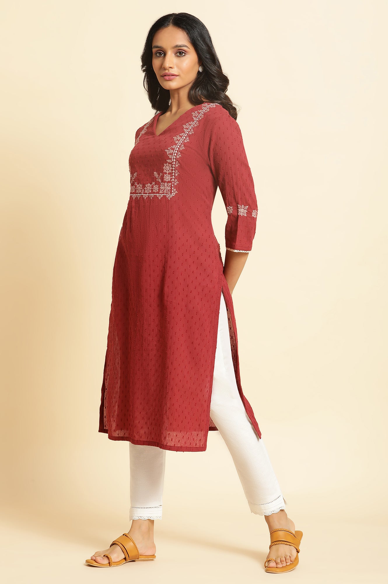 Maroon Crinkled Swiss Dot Kurta with Embroidery - wforwoman