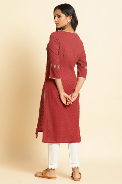 Maroon Crinkled Swiss Dot Kurta with Embroidery - wforwoman