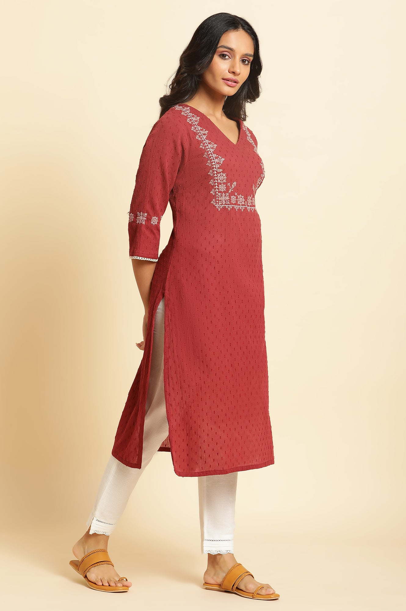 Maroon Crinkled Swiss Dot Kurta with Embroidery - wforwoman