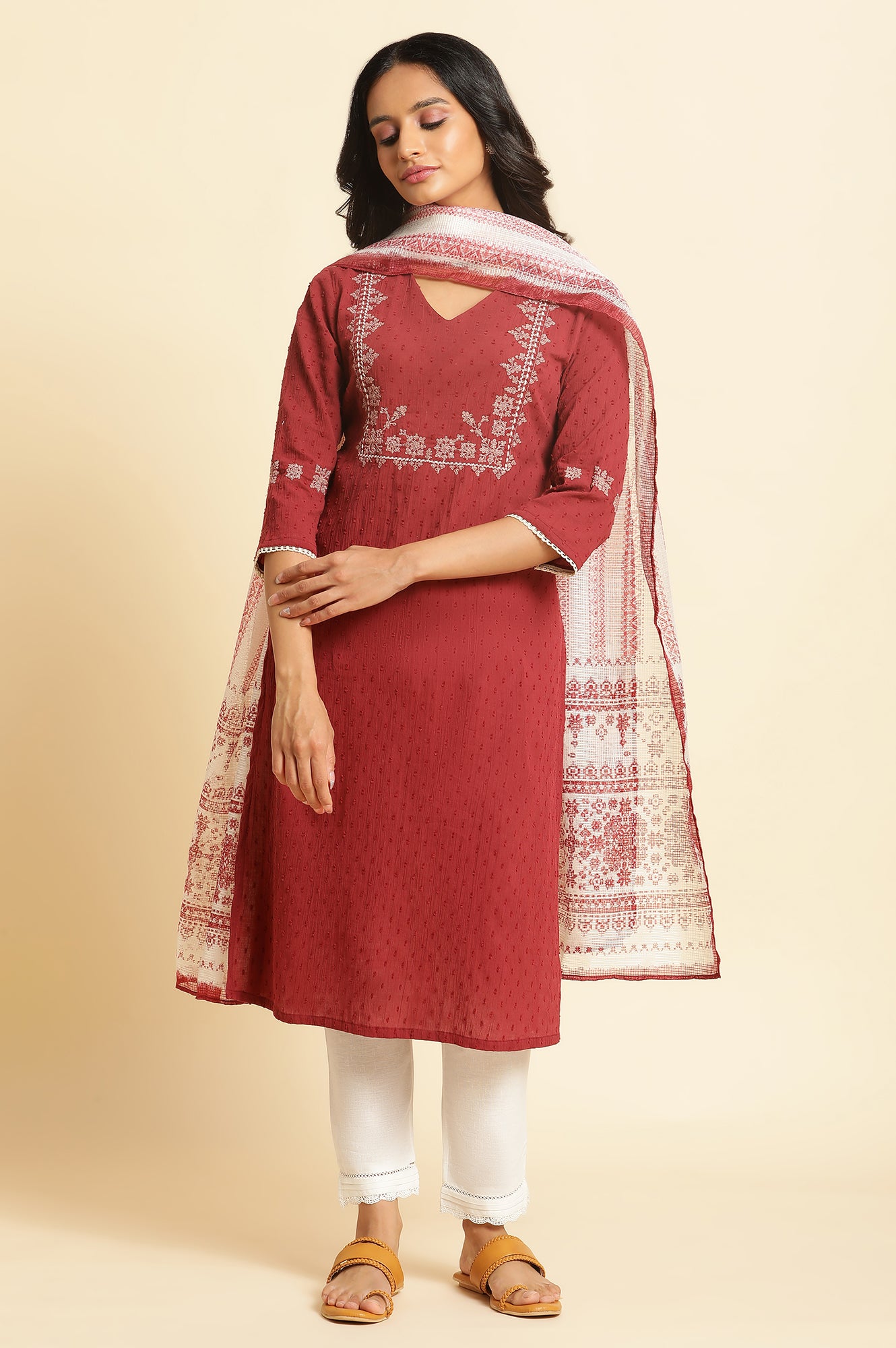 Maroon Crinkled Swiss Dot Kurta with Embroidery - wforwoman