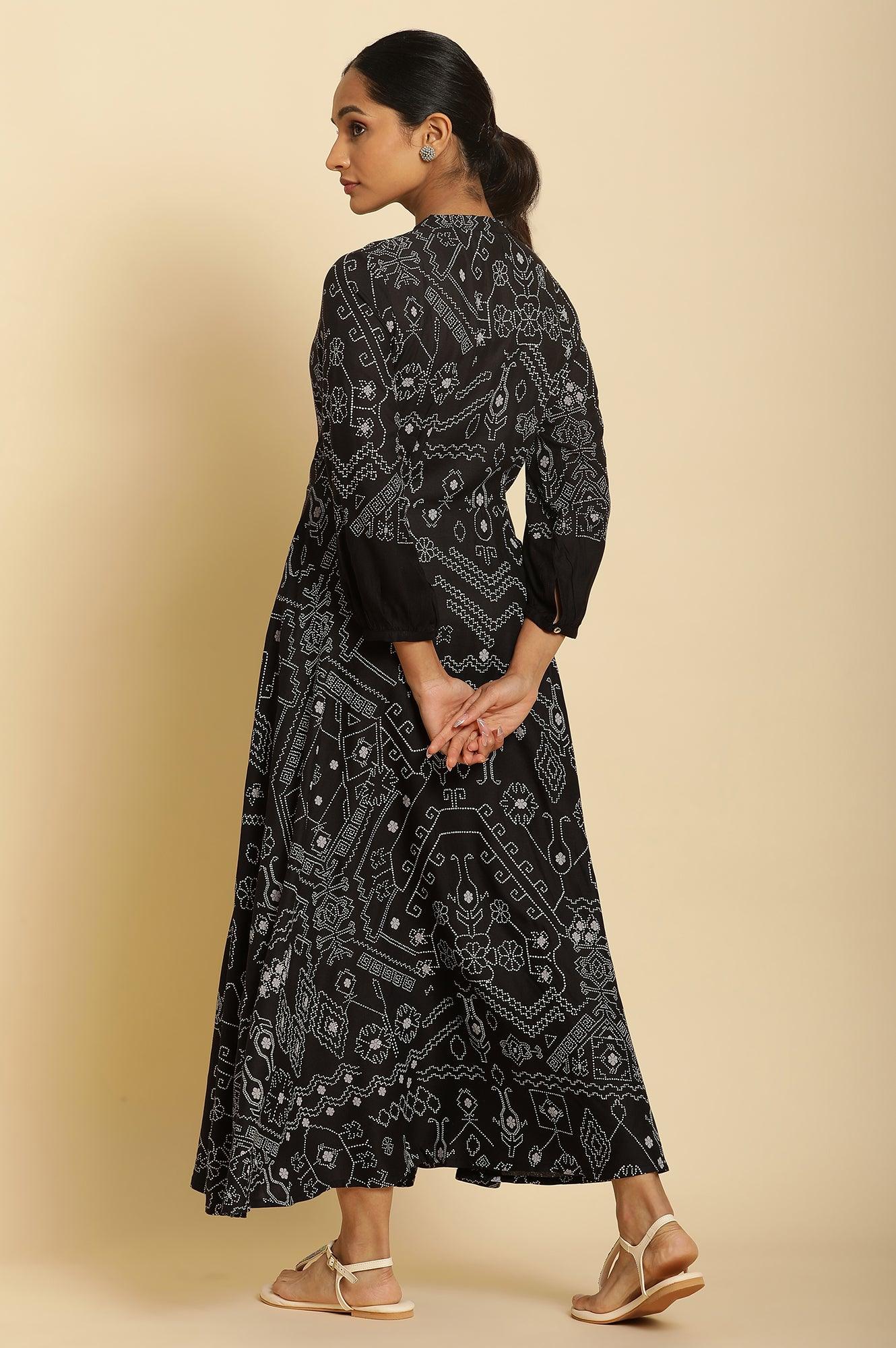 Black Bandhani Printed Flared Dress - wforwoman