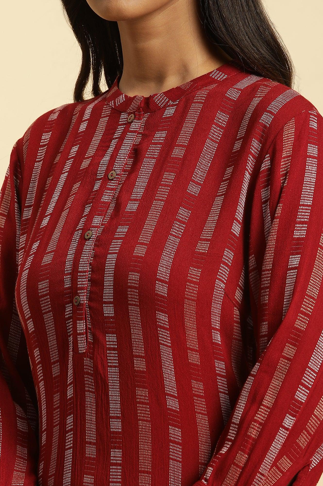 Red Printed Mandarin Collar Casual Kurta - wforwoman