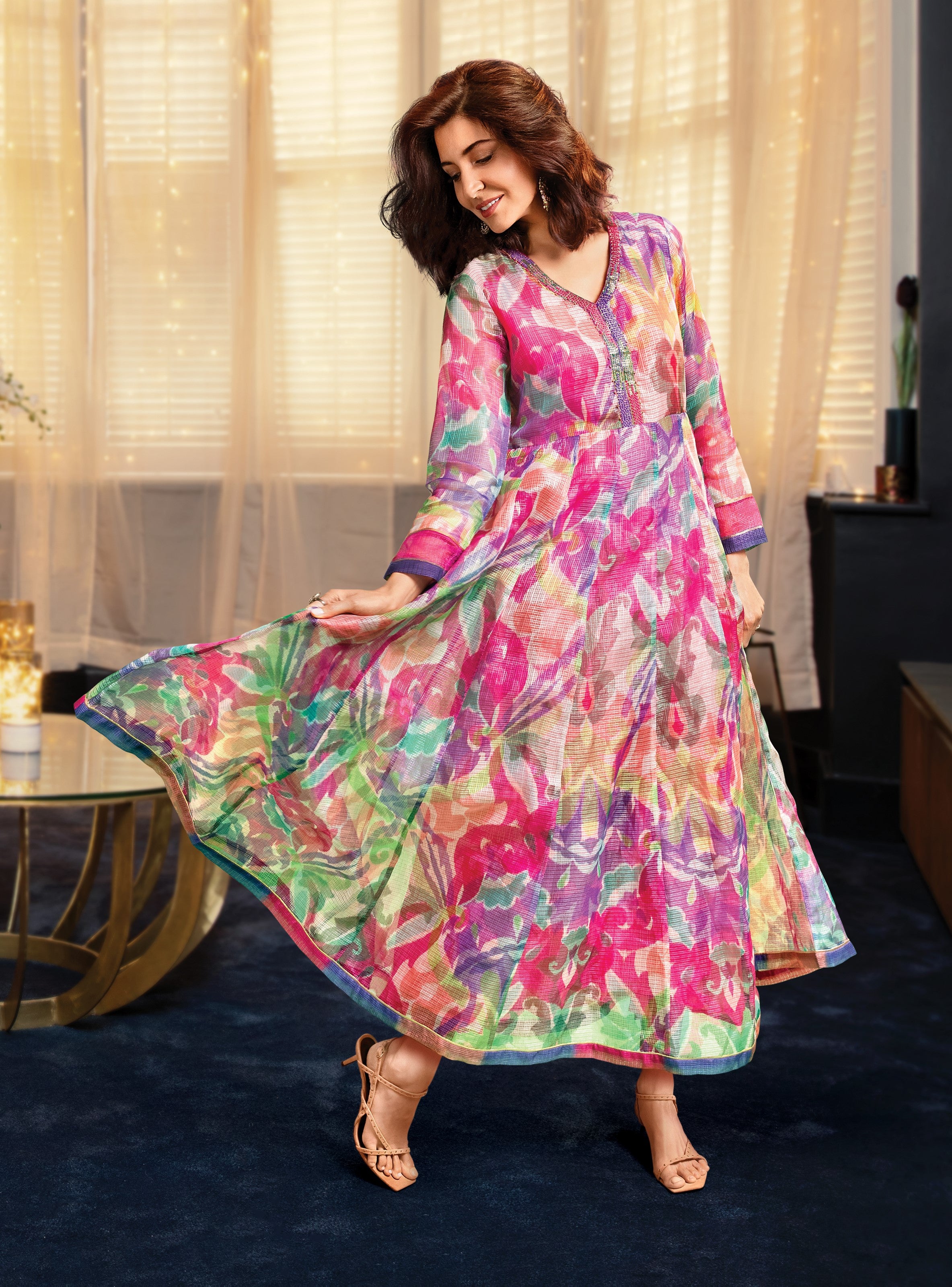 Multi-Coloured Printed Flared Long Kota Kurta